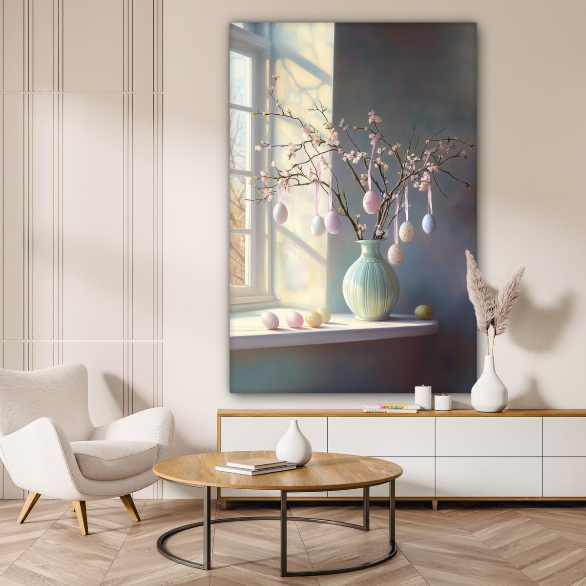 LEINWANDBILD Stillleben - Vase - Osterzweig Deko Groß 90x140 cm - Hellblau, Textil (90/140cm) - MuchoWow