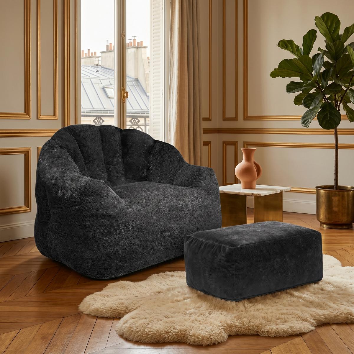 SESSEL mit Hocker aus weichem Chenille mit Blüten-Rückenlehne und Ottomane - Schwarz, Textil (99/65/86cm) - Urban Meuble