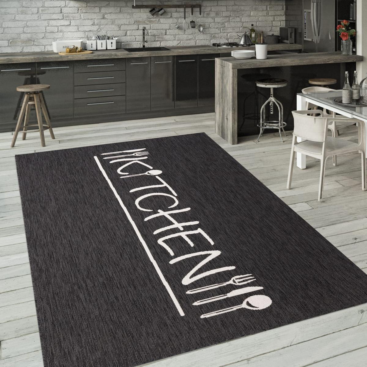 FLACHWEBTEPPICH, mit Schriftzug, aus Polypropylen, Anthrazit, 60 x 100 cm - Anthrazit, Textil (100/60cm) - KADIMA DESIGN