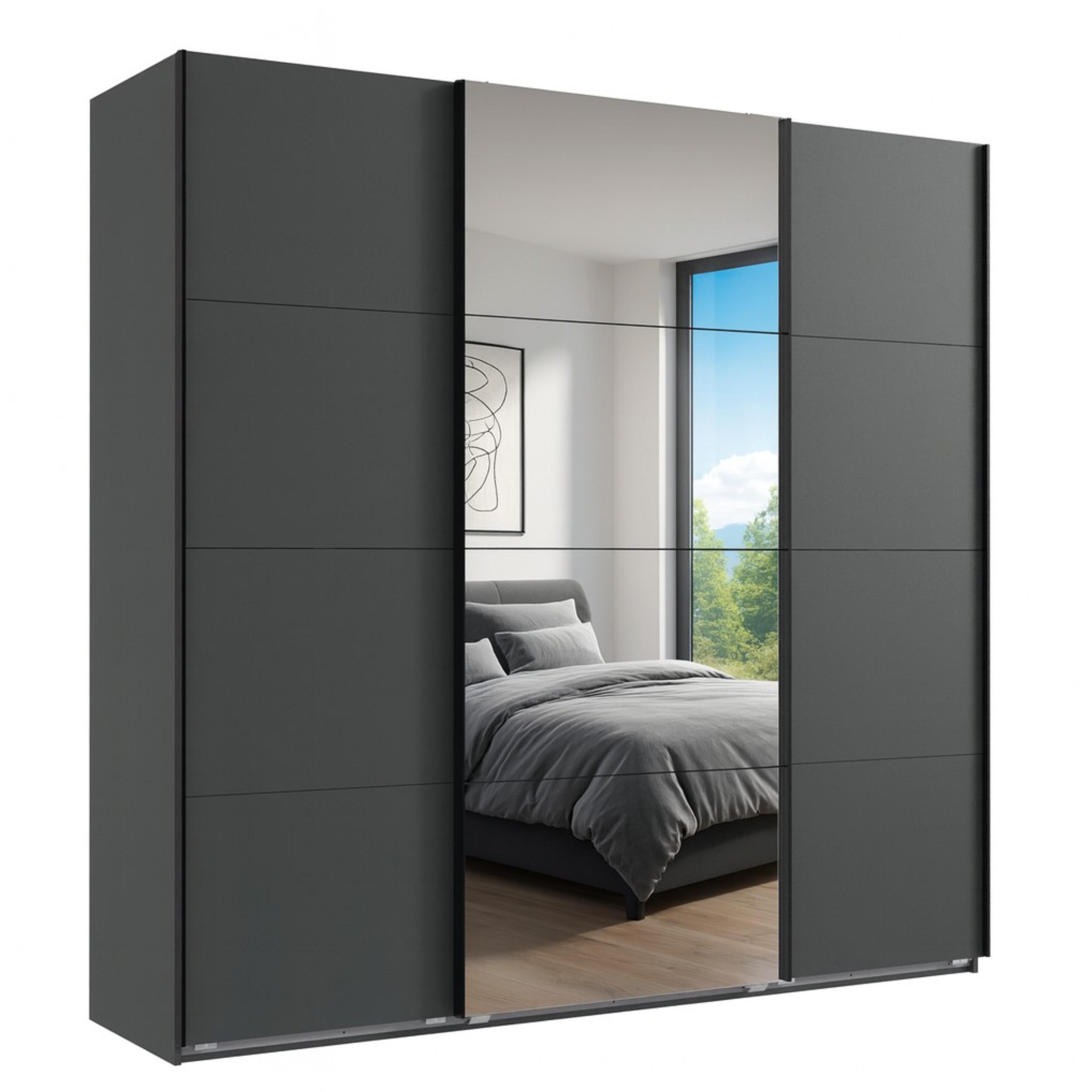 SCHWEBETÜRENSCHRANK 3-türig B225/H236/T64 cm extrahoch in Grafit, Kleiderschrank mit einer Spiegeltür / 22540 - Goldfarben/Graphitfarben, Holzwerkstoff/Metall (225/236/64cm) - luma-home