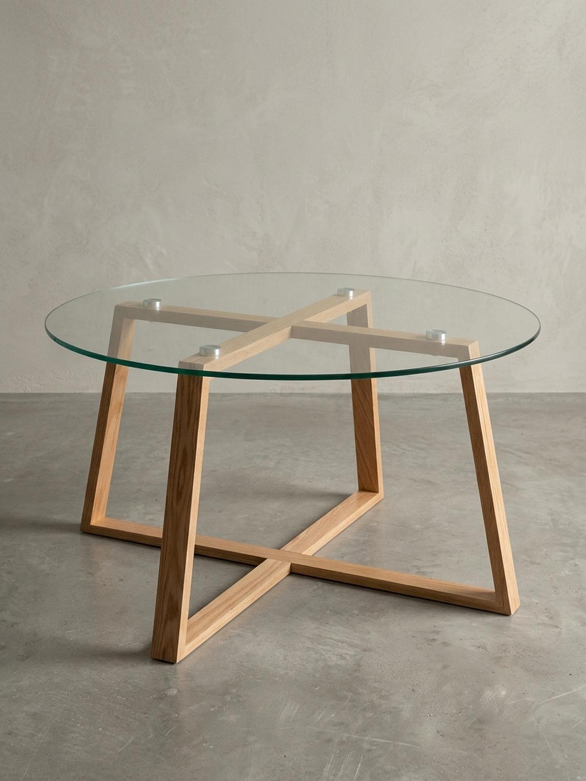 COUCHTISCH in Eiche mit transparenter Glasplatte und überkreuztem Gestell, modernes Design - Beige/Braun, Glas/Eichenholz (78/78/41cm) - KADIMA DESIGN
