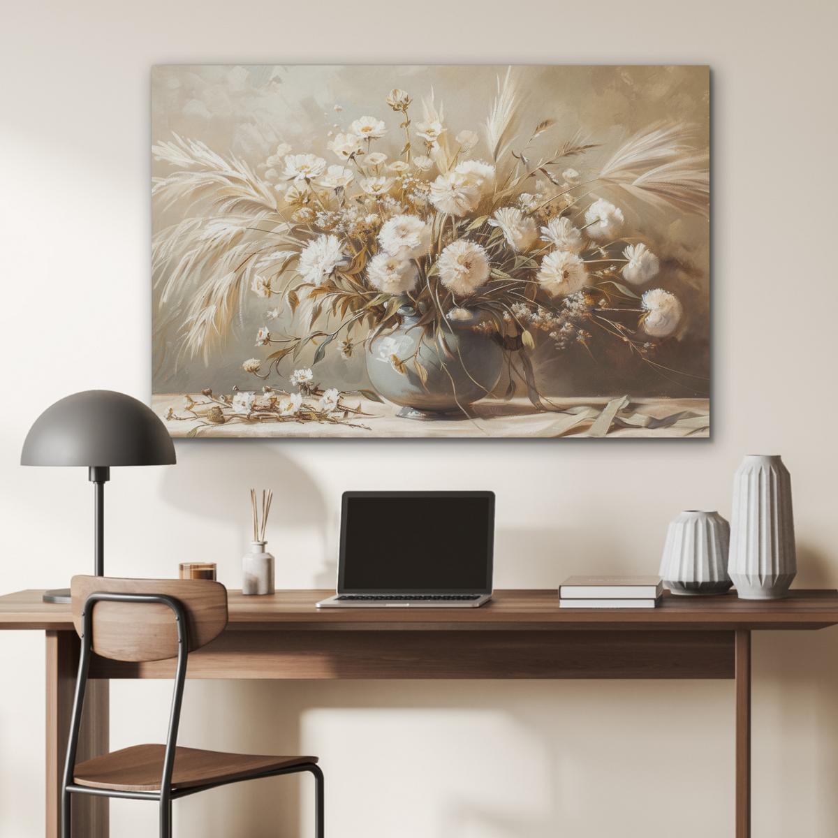AKUSTIKBILD Blumen - Vase - Stilleben - Beige Wandbild Wohnzimmer 100x70 cm - Creme, Kunststoff (100/70/0.9cm) - MuchoWow