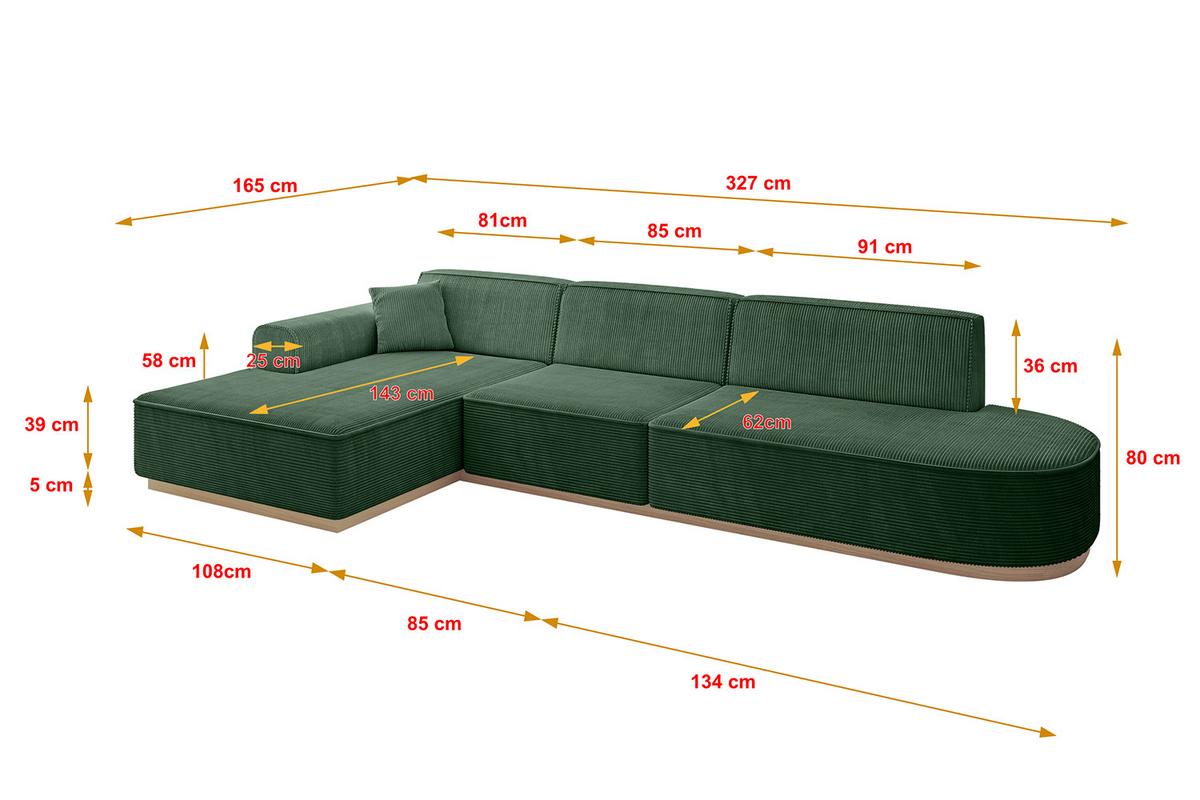ECKSOFA Ottomane Links IREA-L2 - 327x165x80 cm Grün - Currygelb, Holzwerkstoff/Textil (327/165cm) - ALTDECOR