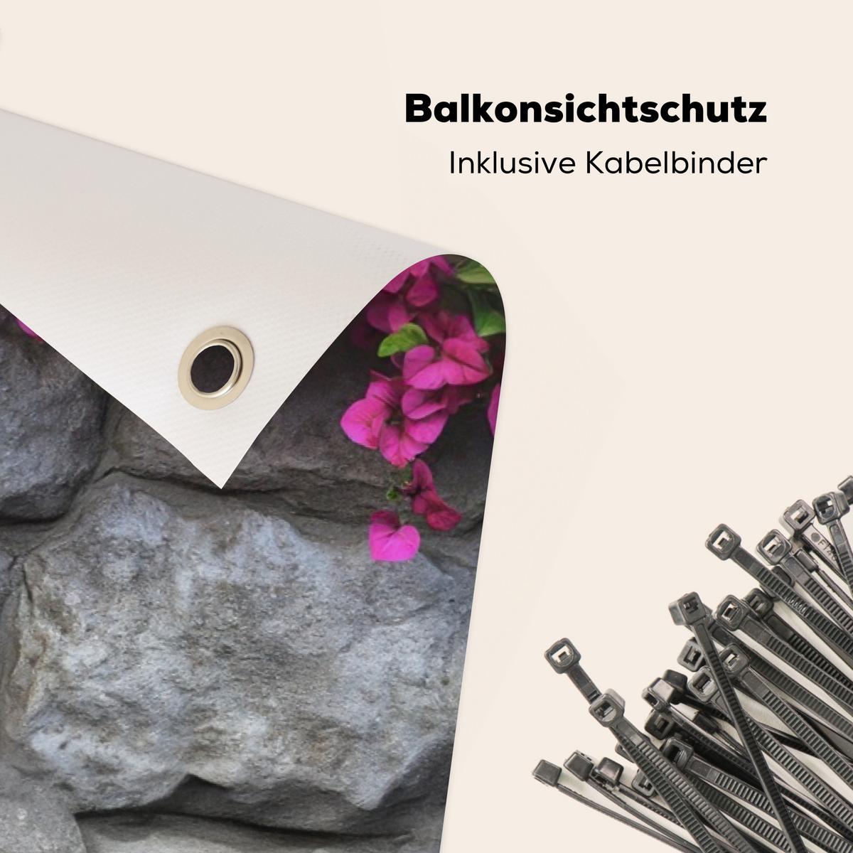 BALKON-SICHTSCHUTZ Bougainvillea - Steinmauer - Rosa Witterungsbeständig 200x90 cm - Magenta, Kunststoff (200/90cm) - MuchoWow