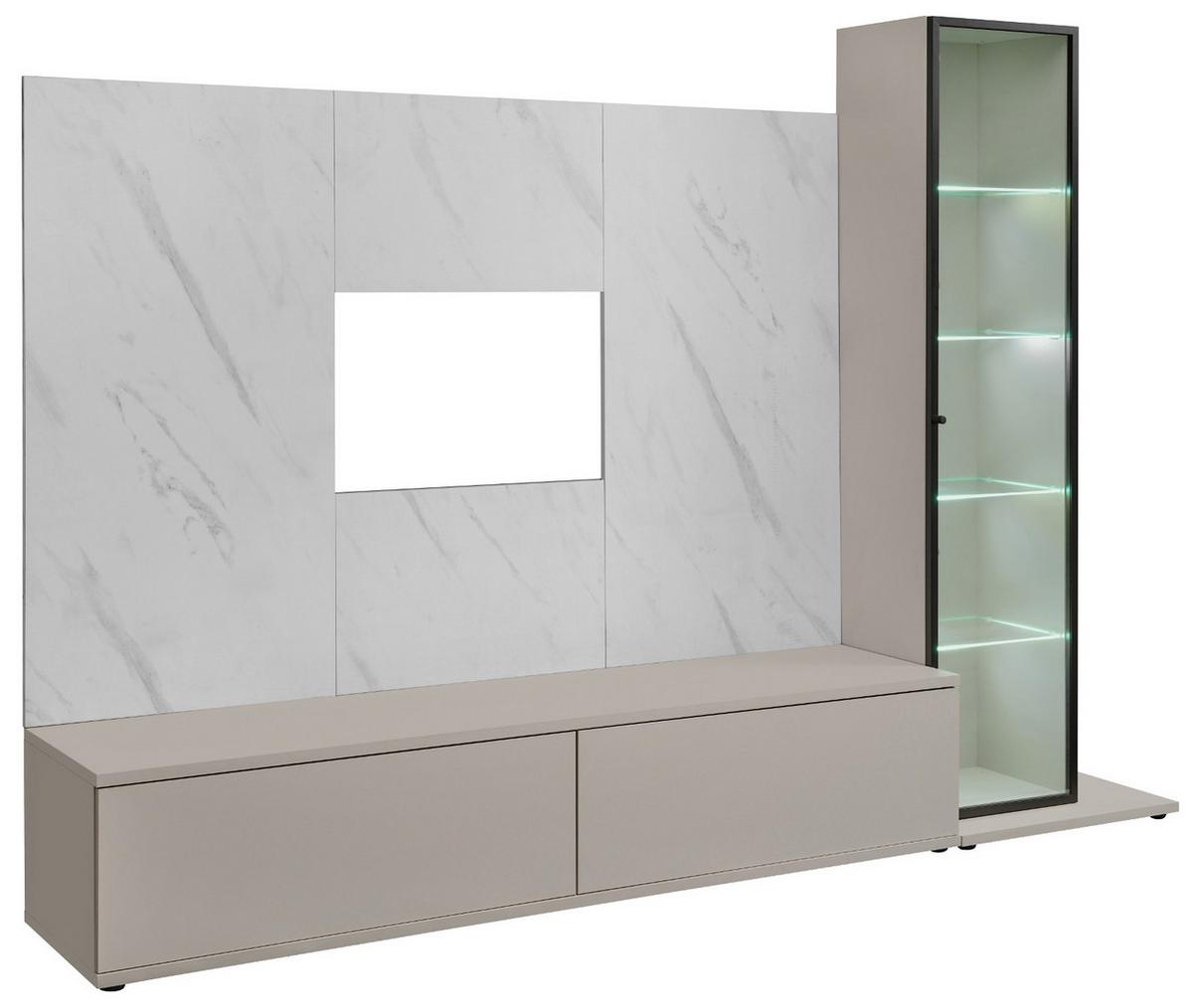 WOHNWAND kaschmir, Marmor weiß 240 cm, Schrankwand mit Wandpaneel, Beleuchtung, Push-to-Open - Kaschmir/Schwarz, Glas/Holzwerkstoff (240/175/45cm) - Inn.Furn
