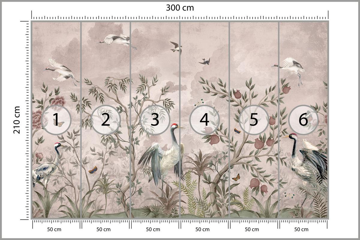 FOTOTAPETE für Schlafzimmer Kraniche Bäume Tropische Blumen Büsche 300x210 - Beige/Rot, Papier (300/210cm) - Muralo