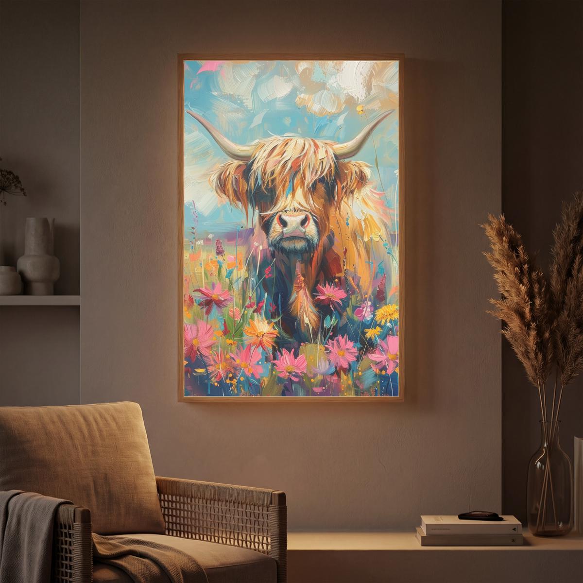 WANDLEUCHTE MIT AKKU Schottische Hochländer - Natur - Farbenfroh - Blumen 70x100 cm - Multicolor, Holzwerkstoff (70/100/8cm) - OnlyWow