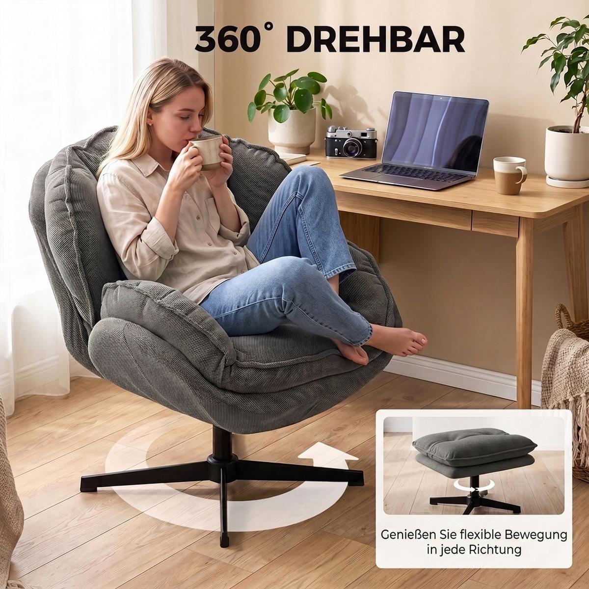RELAXSESSEL-MIT-HOCKER Polyester Grau - Schwarz/Grau, Textil/Metall (74/85/86cm) - HOMCOM