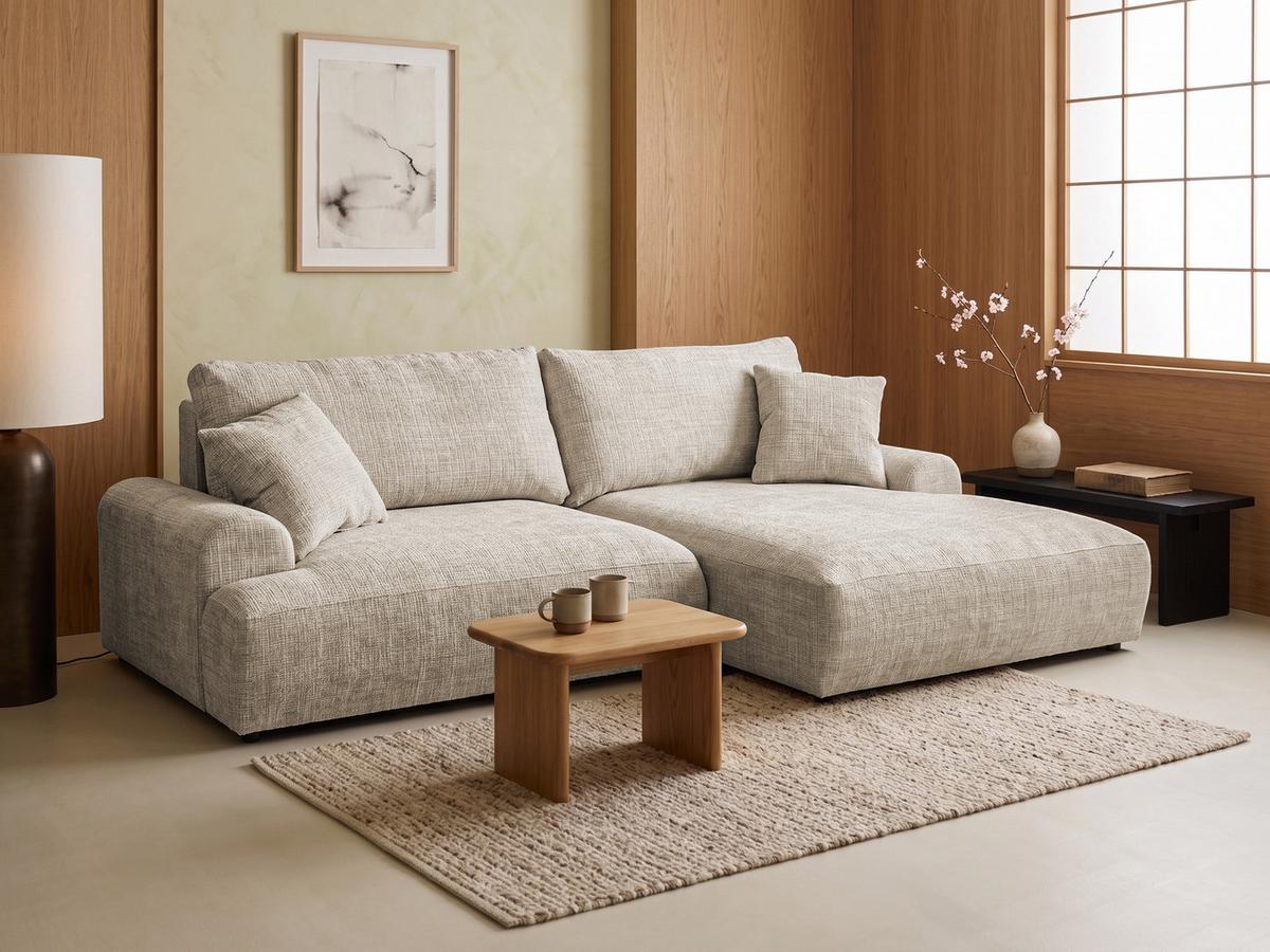 ECKSOFA Melvano mit Schlaffunktion und Bettkasten im Japandi-Stil aus weichem Dunkelbeige Chenille-Stoff - Beige/Schwarz, Holz/Kunststoff (240/145cm) - S-Style
