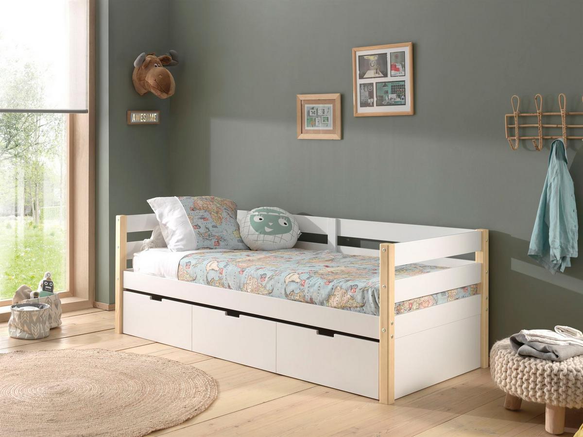 KOJENBETT mit Schubladen Karissa 211x77x98 Massivholz+MDF Weiß/natur - Buchefarben/Weiß, Holz (90/200cm) - 58aufmkessel