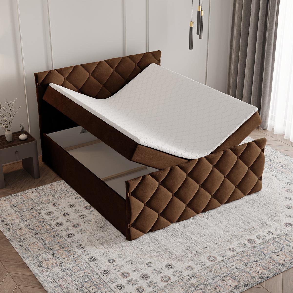BOXBETT ROVARI 160x200 cm mit Matratze und Topper - Braun - Braun, Holz (160/200cm) - MASSENO
