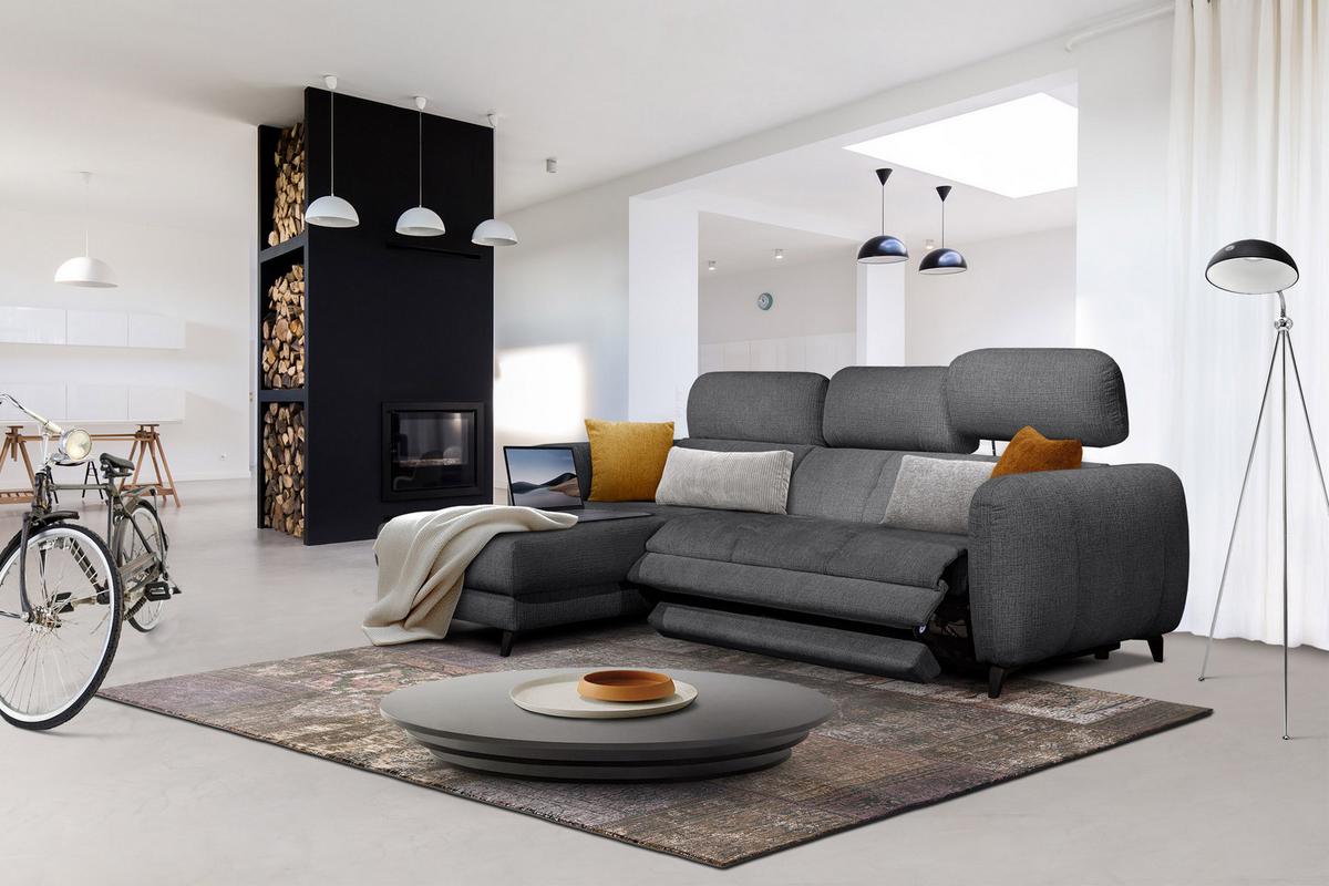 ECKSOFA SVEN 3-Sitzer, 1 Relax XL, verstellbare Kopfstützen, dunkelgrau - Anthrazit/Schwarz, Holzwerkstoff/Textil (256/163cm) - Wozimo