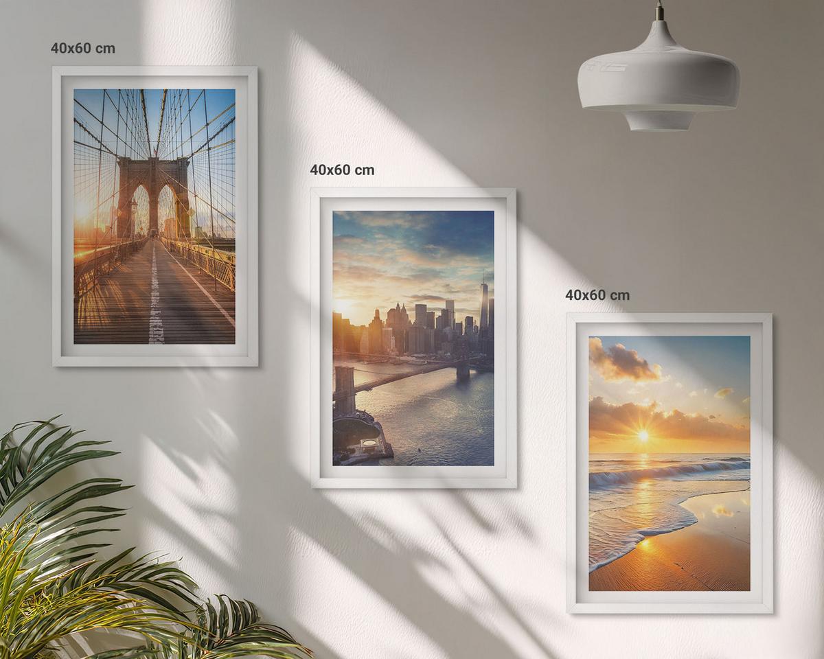 BILDER SET 3er Set - 40x60 cm Weißer Rahmen - Brücken, Sonnenuntergänge, Stadt - Weiß, Kunststoff (40/60cm) - TULUP