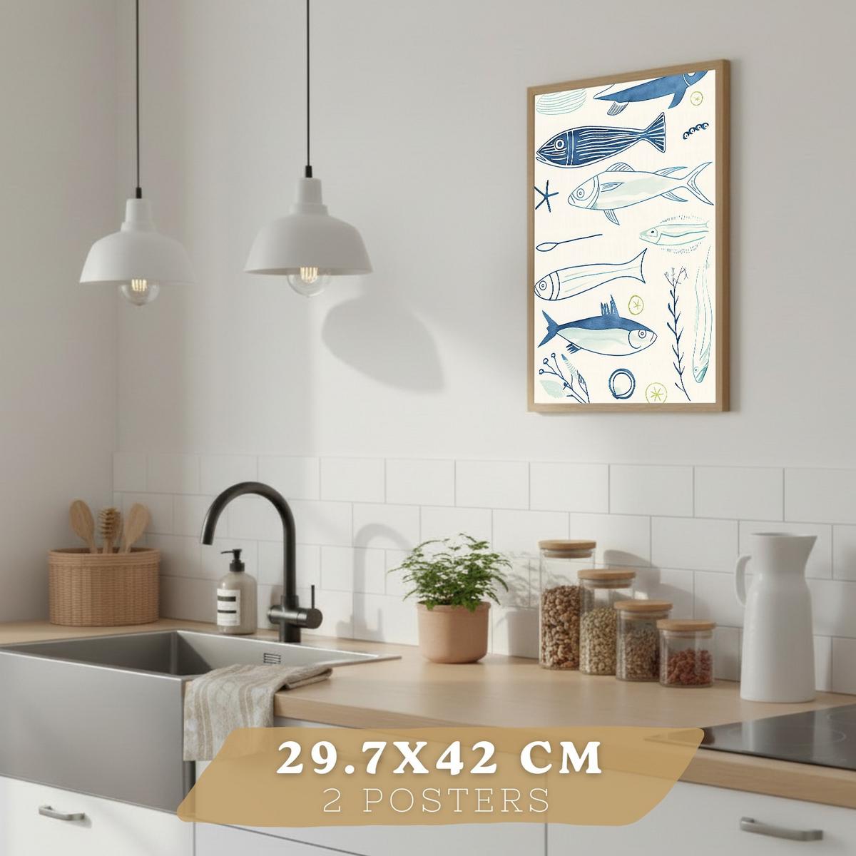POSTER 2er Set Küchen-Wandbilder Fische Strichzeichnung und Martini Aquarell Minimalistisch Wanddeko Rahmenlos A3 - Schwarz, Papier (29.7/1/42cm) - Nacnic