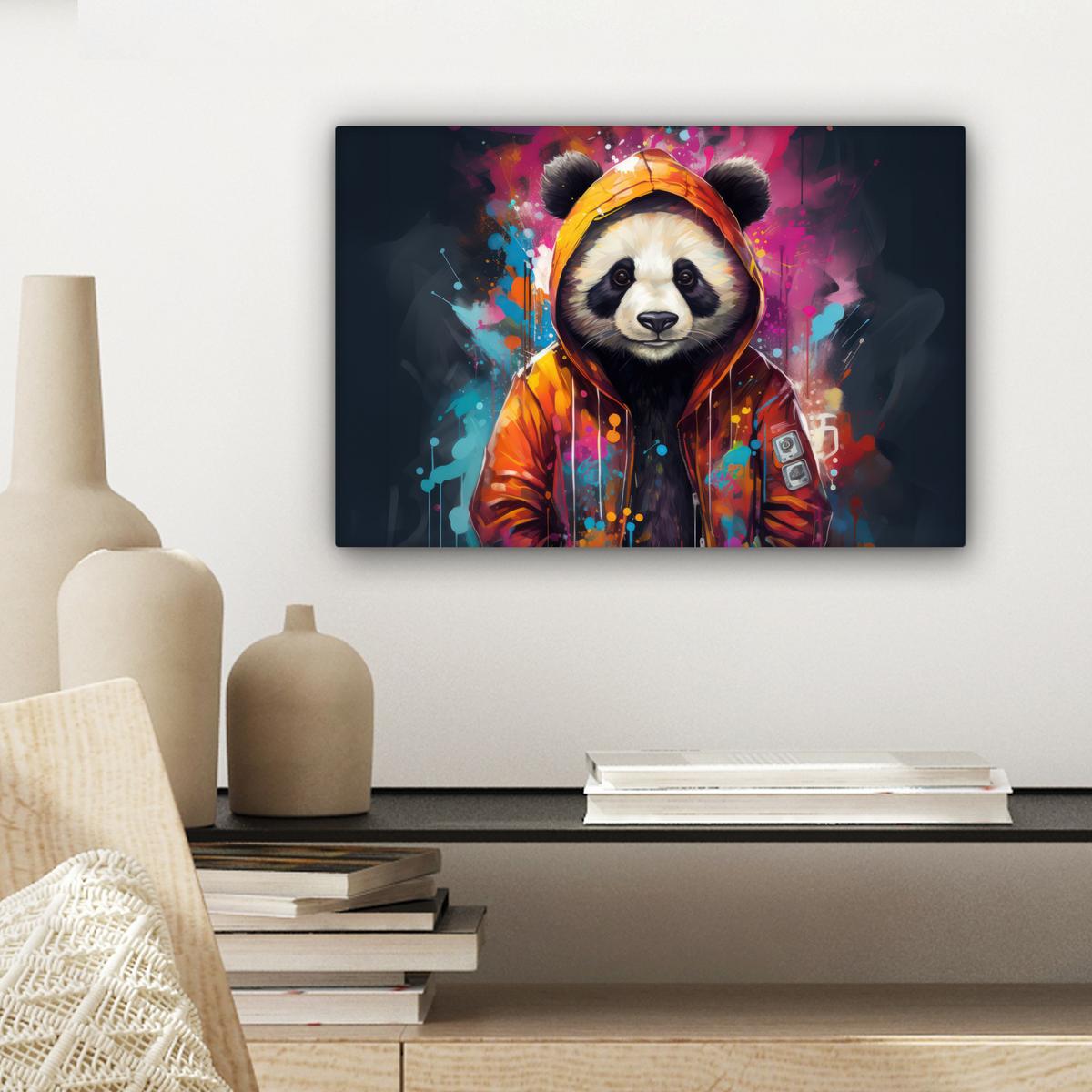 LEINWANDBILD Panda - Jacke - Graffiti - Orange Deko Schlafzimmer 30x20 cm - Orange, Textil (30/20cm) - MuchoWow