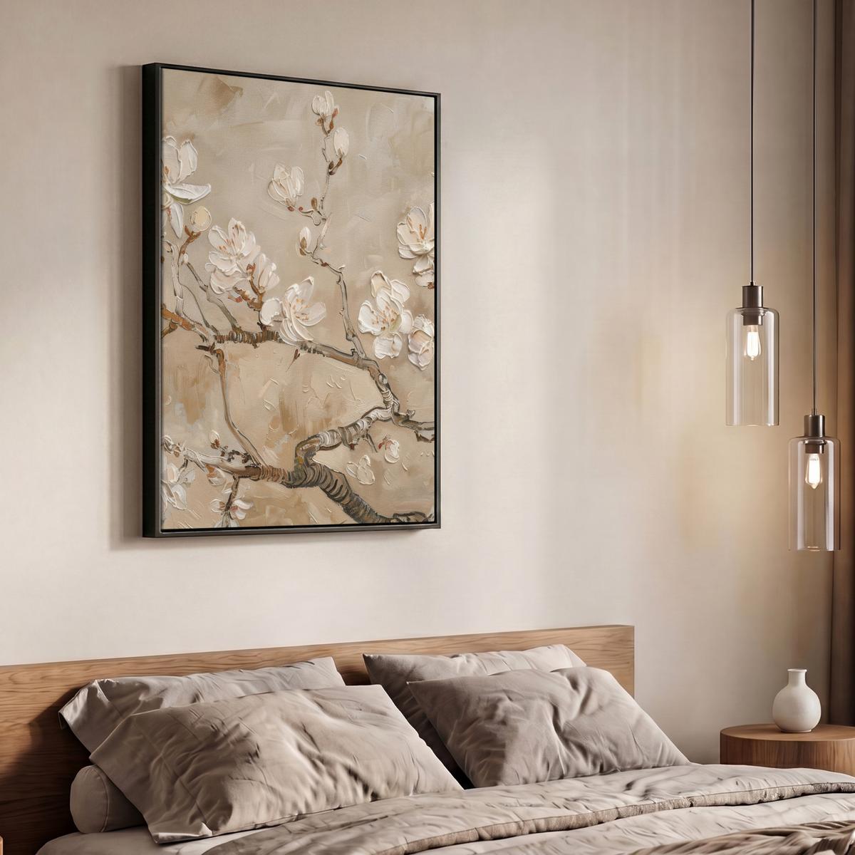 LEINWAND Bilder mit Rahmen - Blumen - Modern - Beige - Weiß - Blüte - 70x100 - Beige, Textil (70/100cm) - MuchoWow