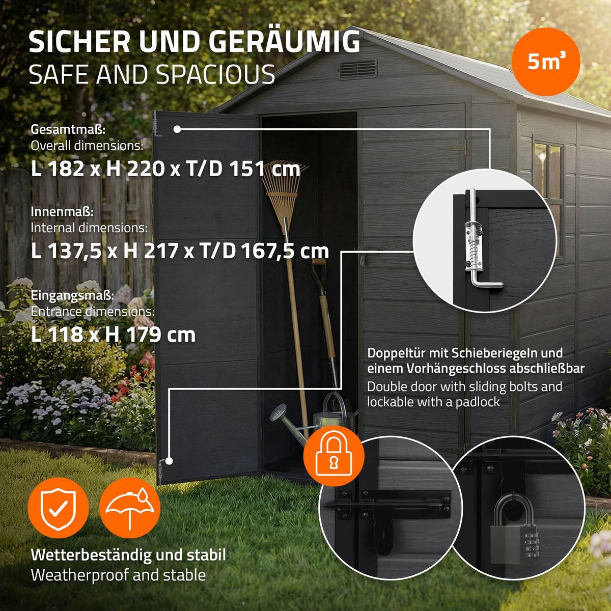 GARTENHAUS Kunststoff mit Boden 5m³ 151x182x220 cm Dunkelgrau - Dunkelgrau, Kunststoff (182/220/151cm) - ECD-Germany