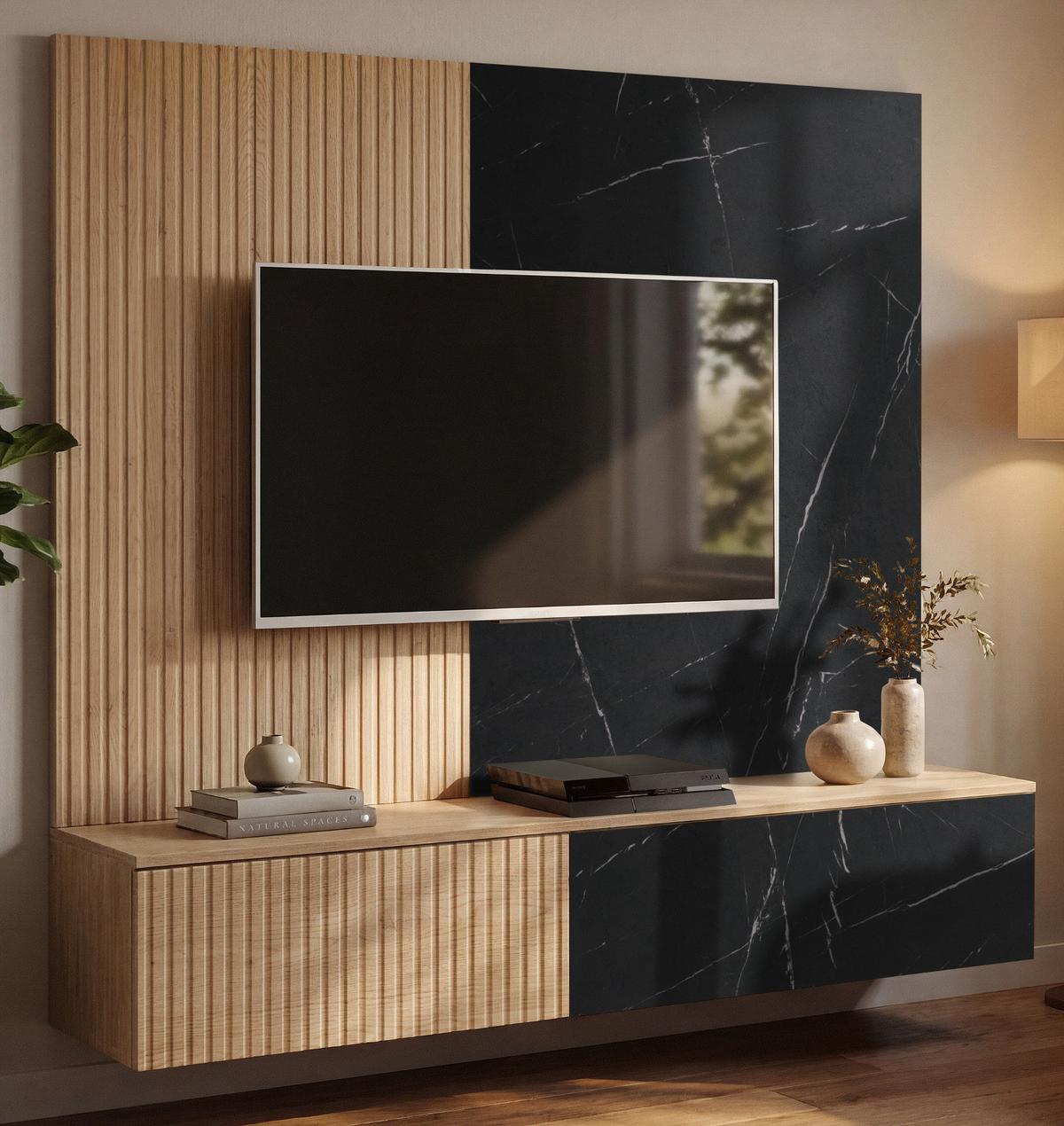 TV-LOWBOARD Cremona Eiche, Marmor schwarz 160 cm hängend, TV Unterschrank Set mit Wandpaneel - Eichefarben/Schwarz, Holzwerkstoff (160/148/35cm) - Inn.Furn