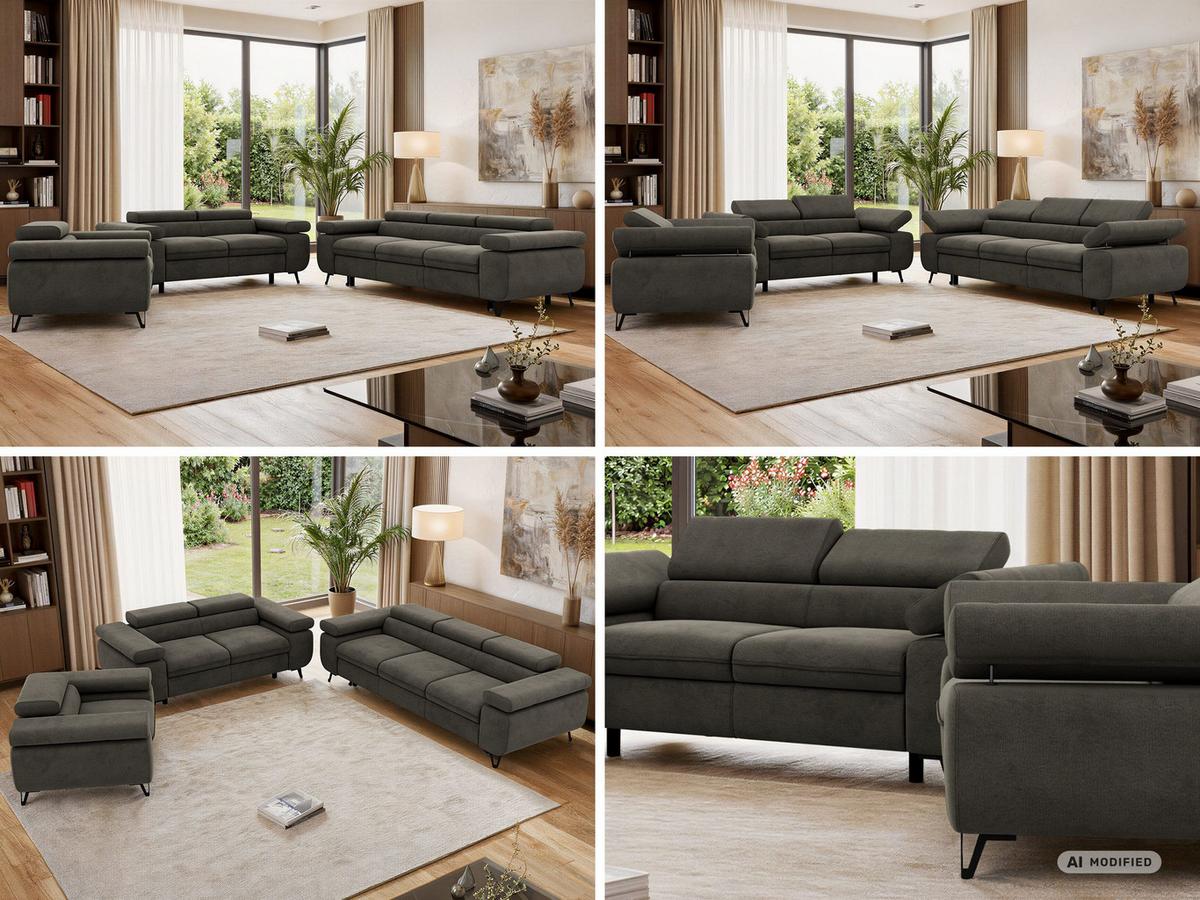 SITZGARNITUR PETER 1+2+3 mit Schlaffunktion - Dunkelgrau Velvet - Dunkelgrau/Schwarz, Textil/Metall (262/76/99cm) - MKS