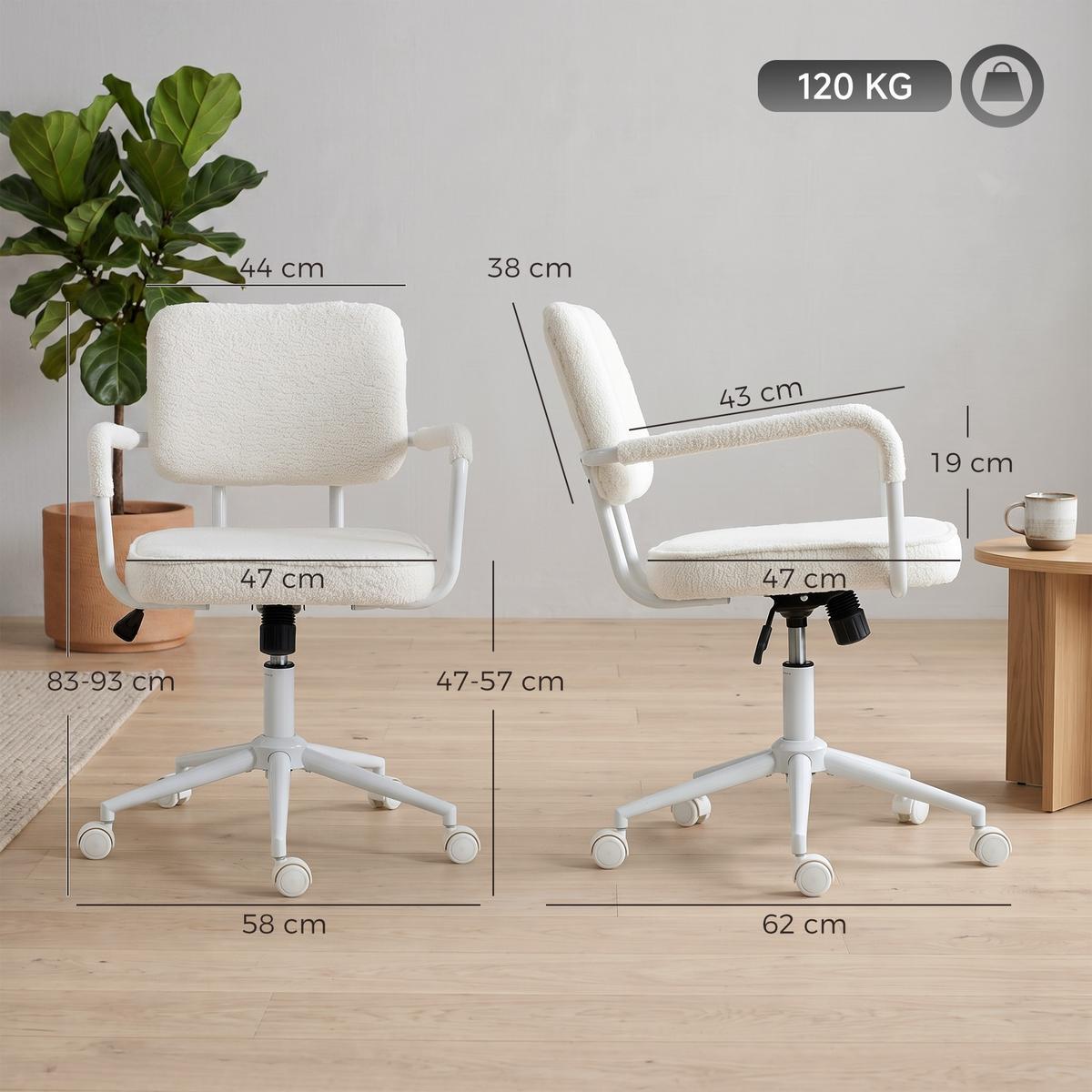 BÜROSTUHL Sherpa-Fleece 100 Polyester Cremeweiß - Creme, Kunststoff/Textil (58/93/62cm) - HOMCOM