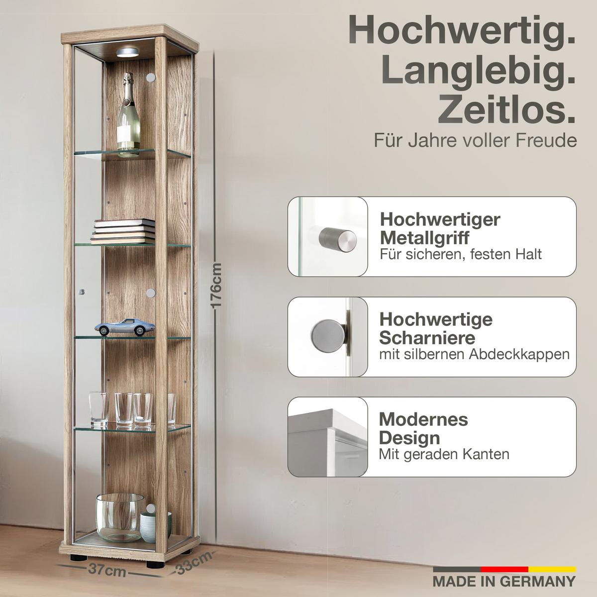 GLASVITRINE 33/37/176 cm mit LED & 4 höhenverstellbaren Glasböden - Transparent/Silberfarben, Glas/Holzwerkstoff (37/176/33cm) - K-Möbel