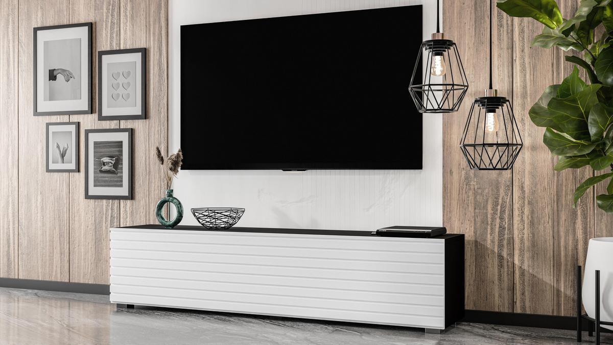 LOWBOARD ZIVOLLI 160 Schwarz, Weiße Lamellen 160/36,5/40 cm – Hängend und Stehend - Schwarz/Weiß, Holzwerkstoff/Kunststoff (160/36.5/40cm) - AX Living
