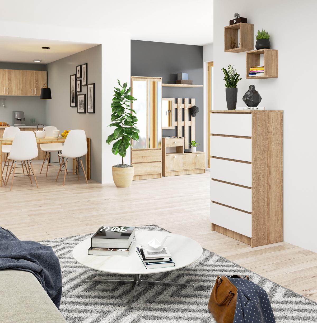 KOMMODE Eiche Sonoma, Weiß 121/60/40 - Weiß, Holzwerkstoff (60/121/40cm) - RAUMHIRSCH FURNITURE