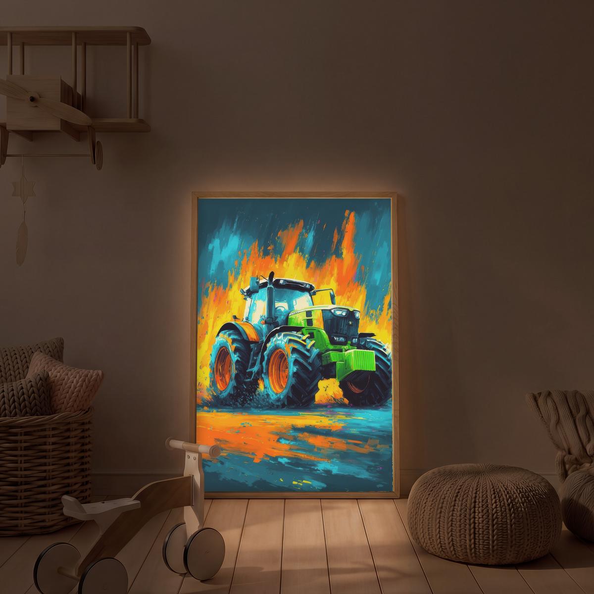 WANDLEUCHTE MIT AKKU Abstrakt - Traktor - Grün 70x100 cm - Dunkelblau, Holzwerkstoff (70/100/8cm) - OnlyWow
