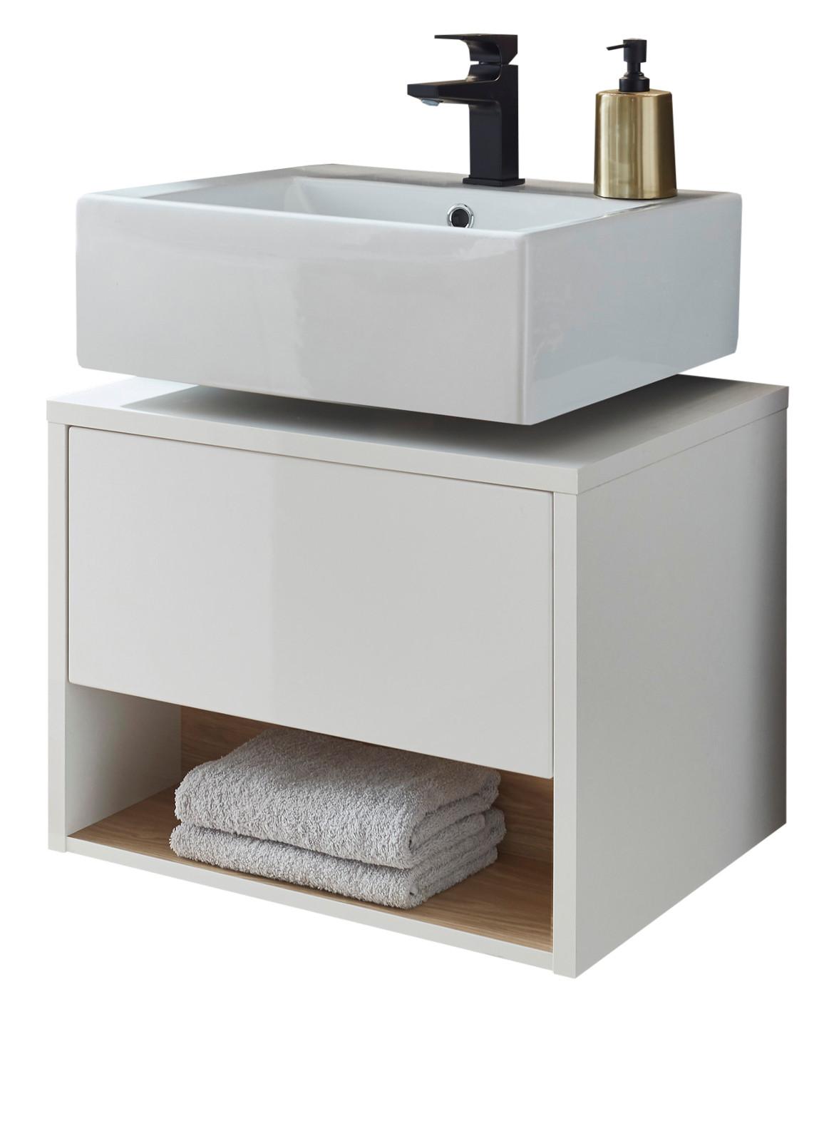 WASCHBECKENUNTERSCHRANK weiß Hochglanz, Eiche 60 cm, Bad Unterschrank mit Push-to-Open - Weiß Hochglanz, Holzwerkstoff (60/44/46cm) - Furn.Design
