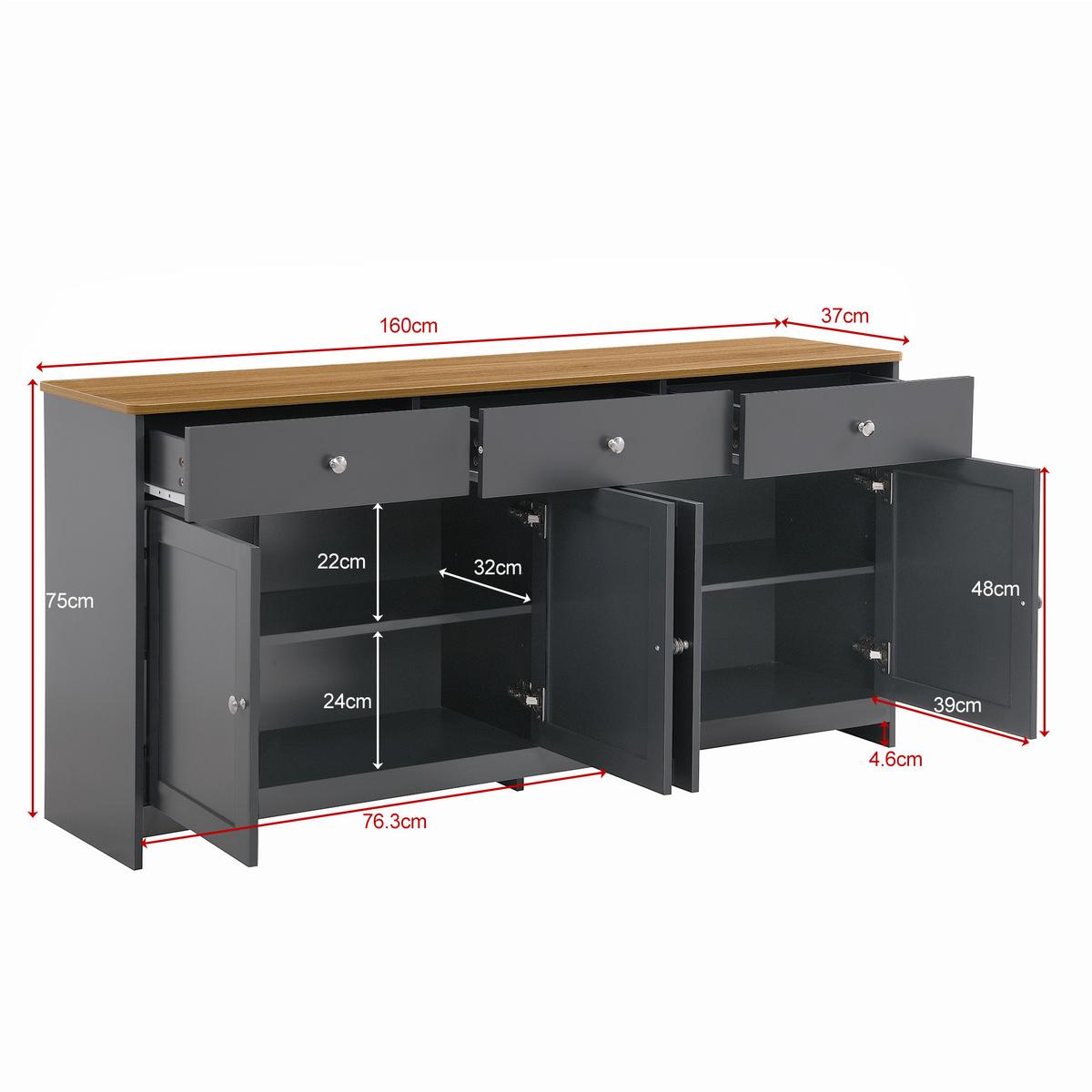 SIDEBOARD Landhausstil Grauschwarz & Holzoptik 160cm mit 4 Türen & 3 Schubladen - Schwarz, Holzwerkstoff (160/75/37cm) - Urban Meuble