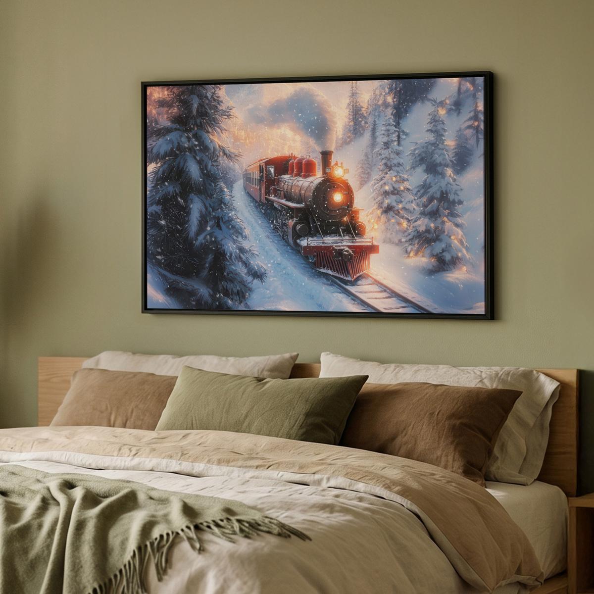 LEINWAND Bilder mit Rahmen - Weihnachtszug - Schnee - Winter - Weihnachten - 90x60 - Dunkelrot, Textil (90/60cm) - MuchoWow