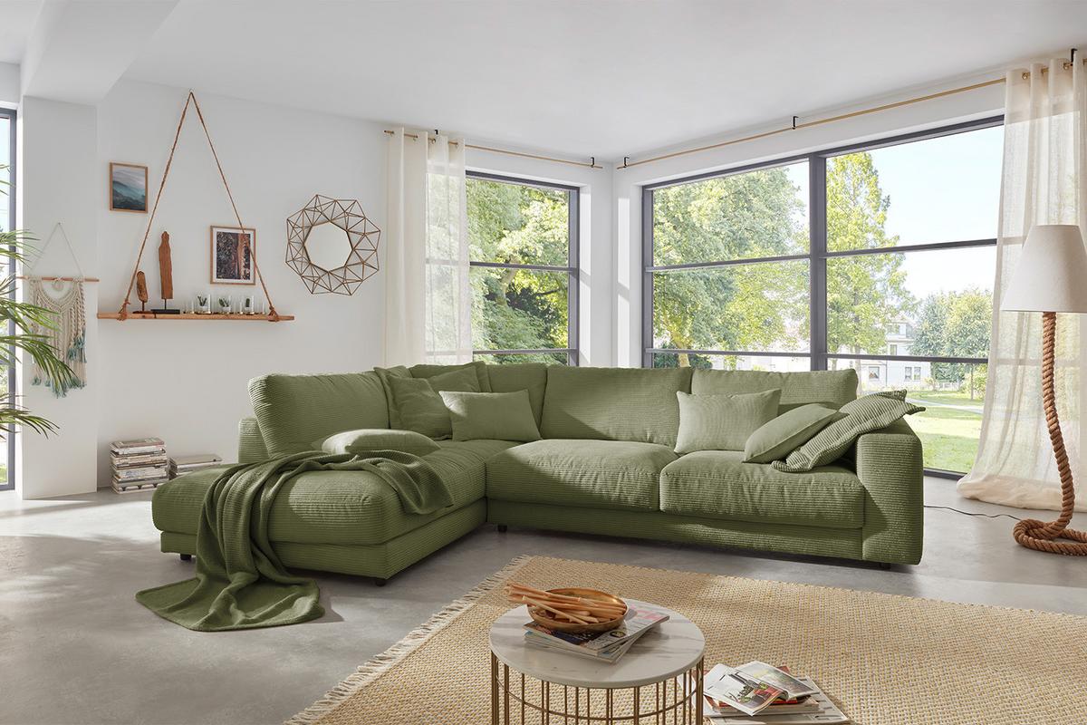 ECKSOFA MADELINE Grün Cord - Schwarz/Olivgrün, Kunststoff/Textil (325/224cm) - KAWOLA