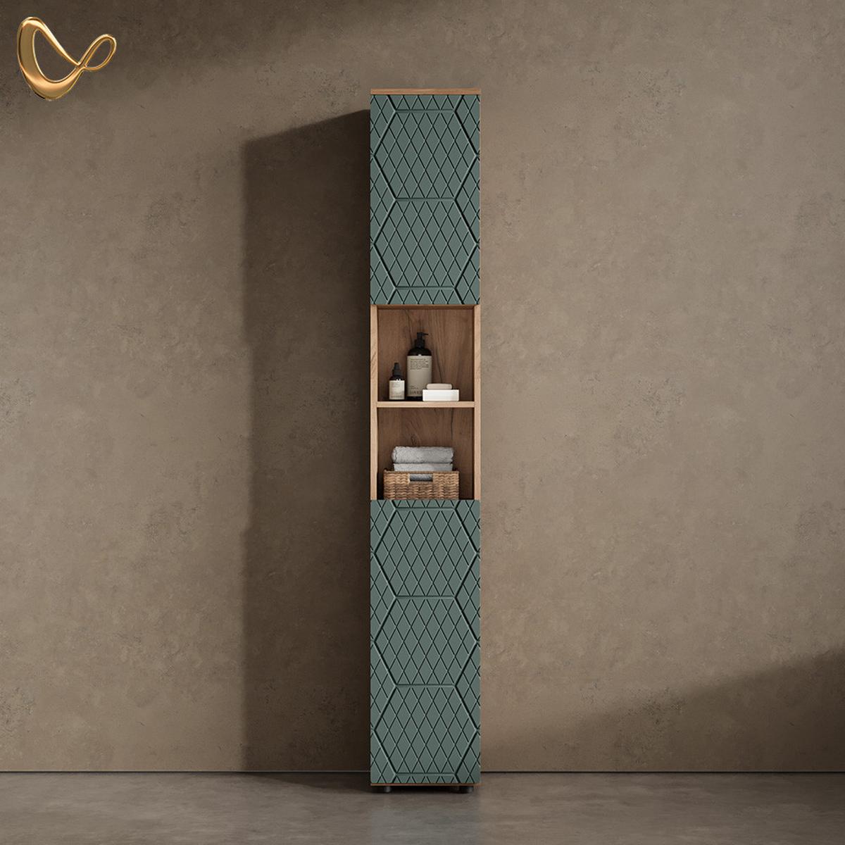 BADSCHRANK Ronco Grün/Goldkraft Eiche 30 x 192 cm - Honigeiche/Grün, Holzwerkstoff (30/192/30cm) - Livinity®