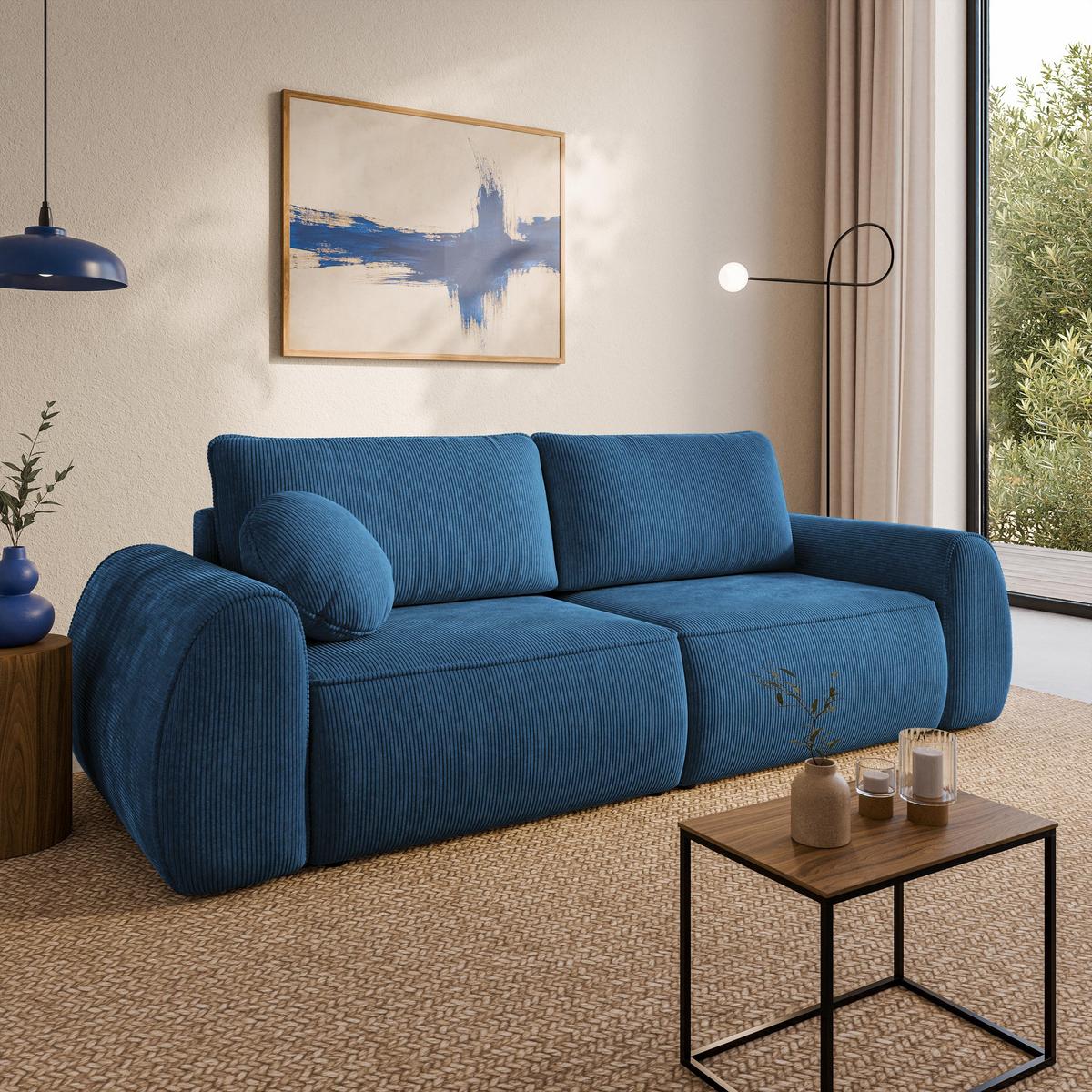 BETTSOFA ZEFEO Blau Kordstoff mit Schlaffunktion - Blau, Textil (264/96/106cm) - MASSENO