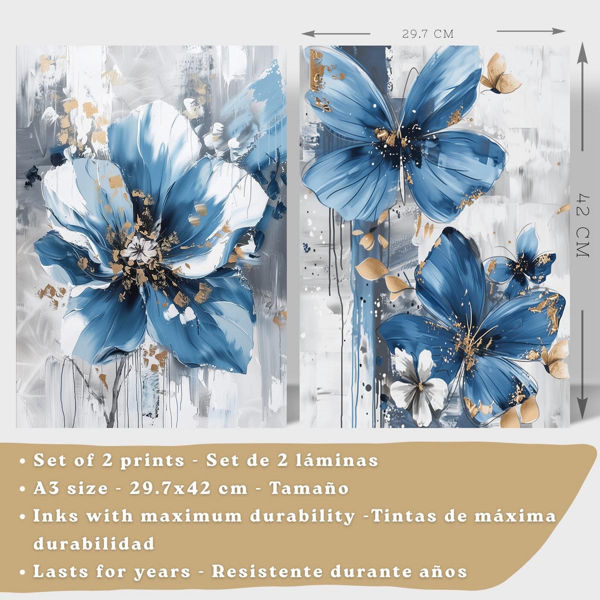 POSTER 2er-Set Wandbilder Blumen Blau Braun modern Wohnzimmer Deko, Schlafzimmer, Küche, Badezimmer Leichter Holzrahmen A3 - Beige, Papier (29.7/1/42cm) - Nacnic
