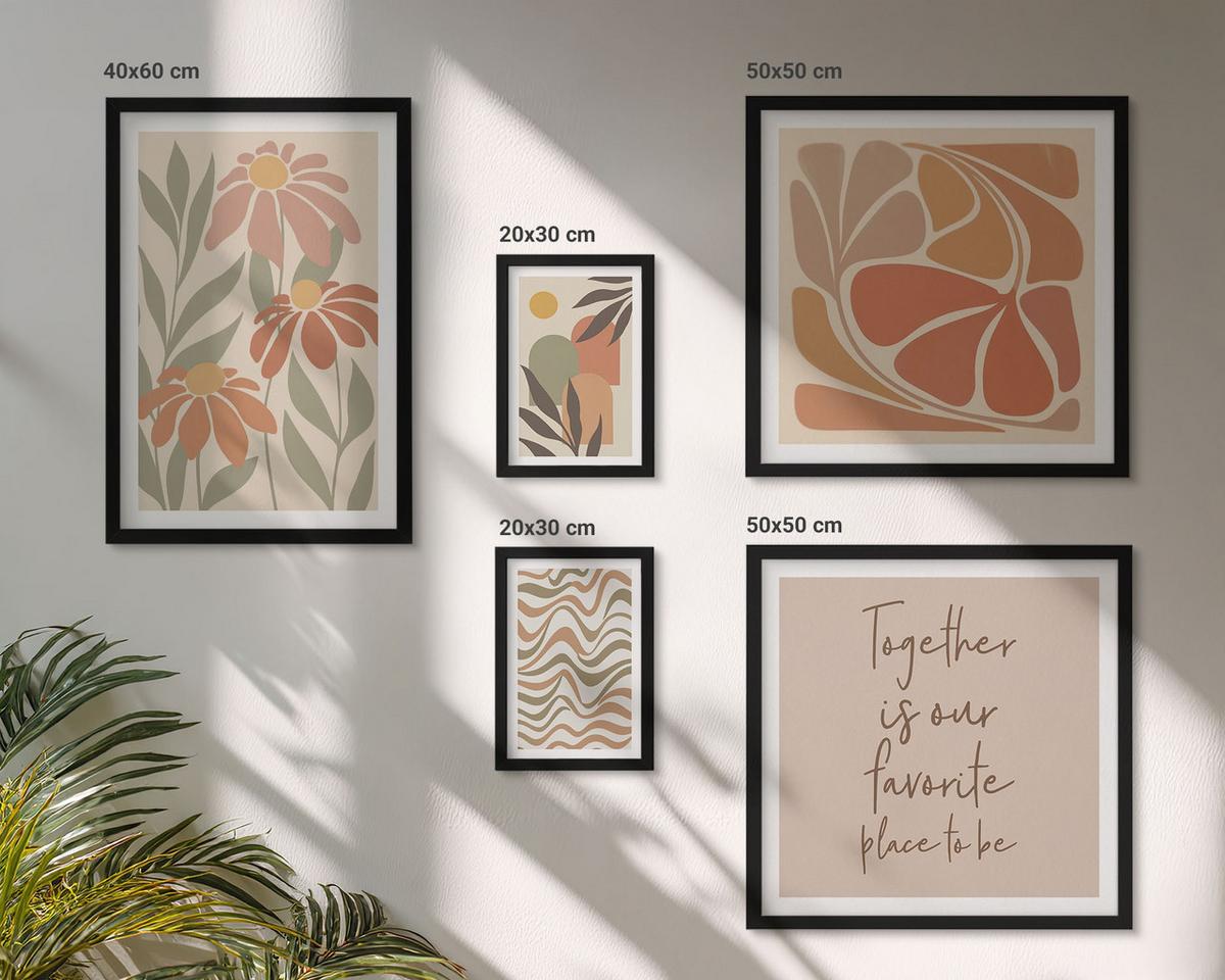 BILDER SET 5er Set - 50x50 cm & 20x30 cm & 40x60 cm Schwarzer Rahmen - Abstrakte Pastellblumen - Schwarz, Kunststoff (40/60cm) - TULUP
