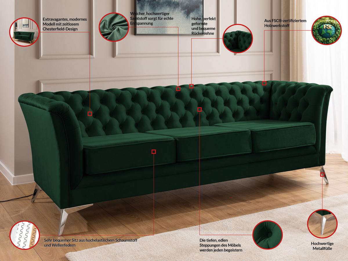 CHESTERFIELD-SOFA 3-sitzer Whitby Flaschengrün Samt mit silbernen Füßen - Dunkelgrün/Silberfarben, Holz/Textil (237/78/82cm) - S-Style Möbel