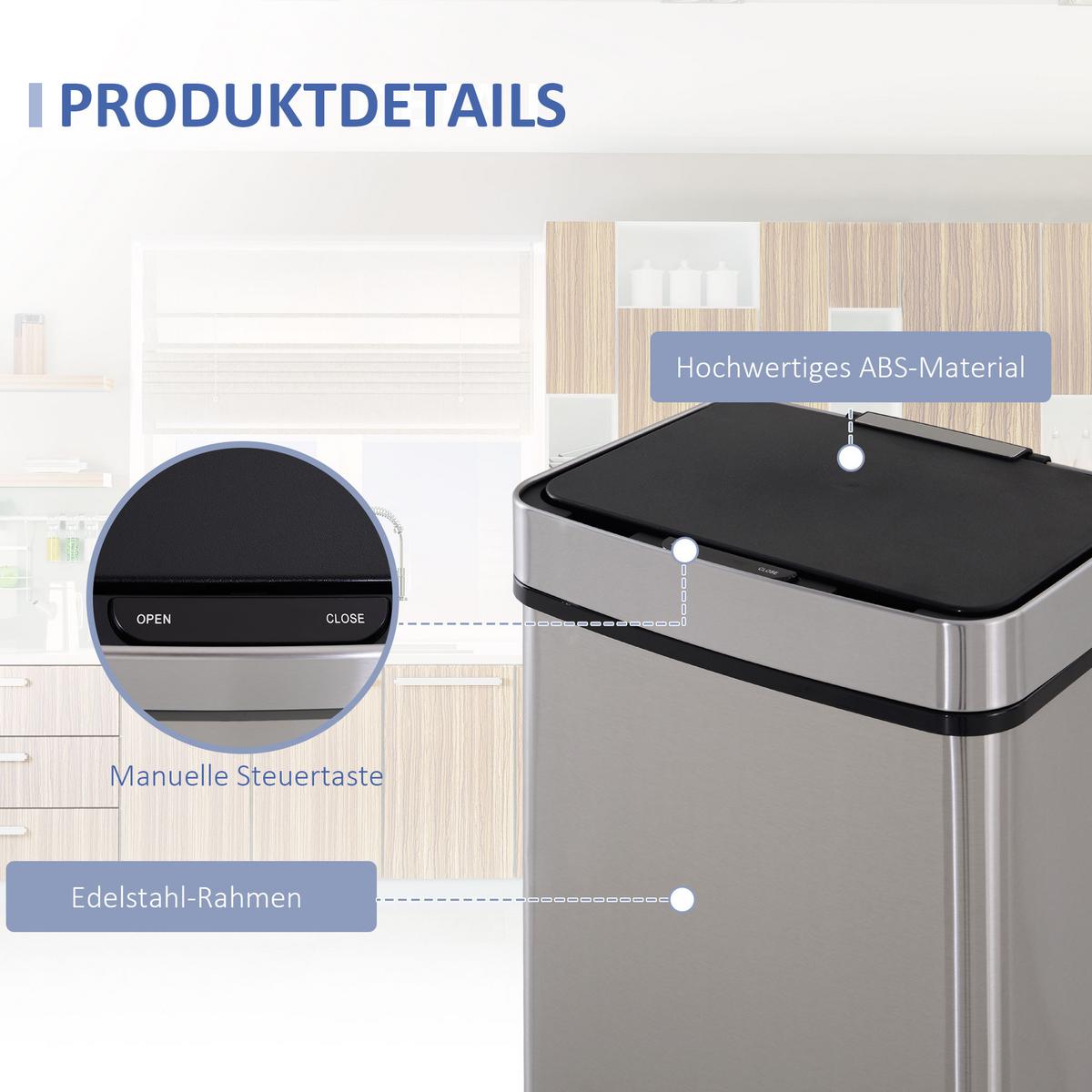MÜLLEIMER Mülltrennsystem Abfalleimer mit Sensor 72 l 3 Fächer Edelstahl Silber - Silberfarben, Metall (30/81/42cm) - HOMCOM
