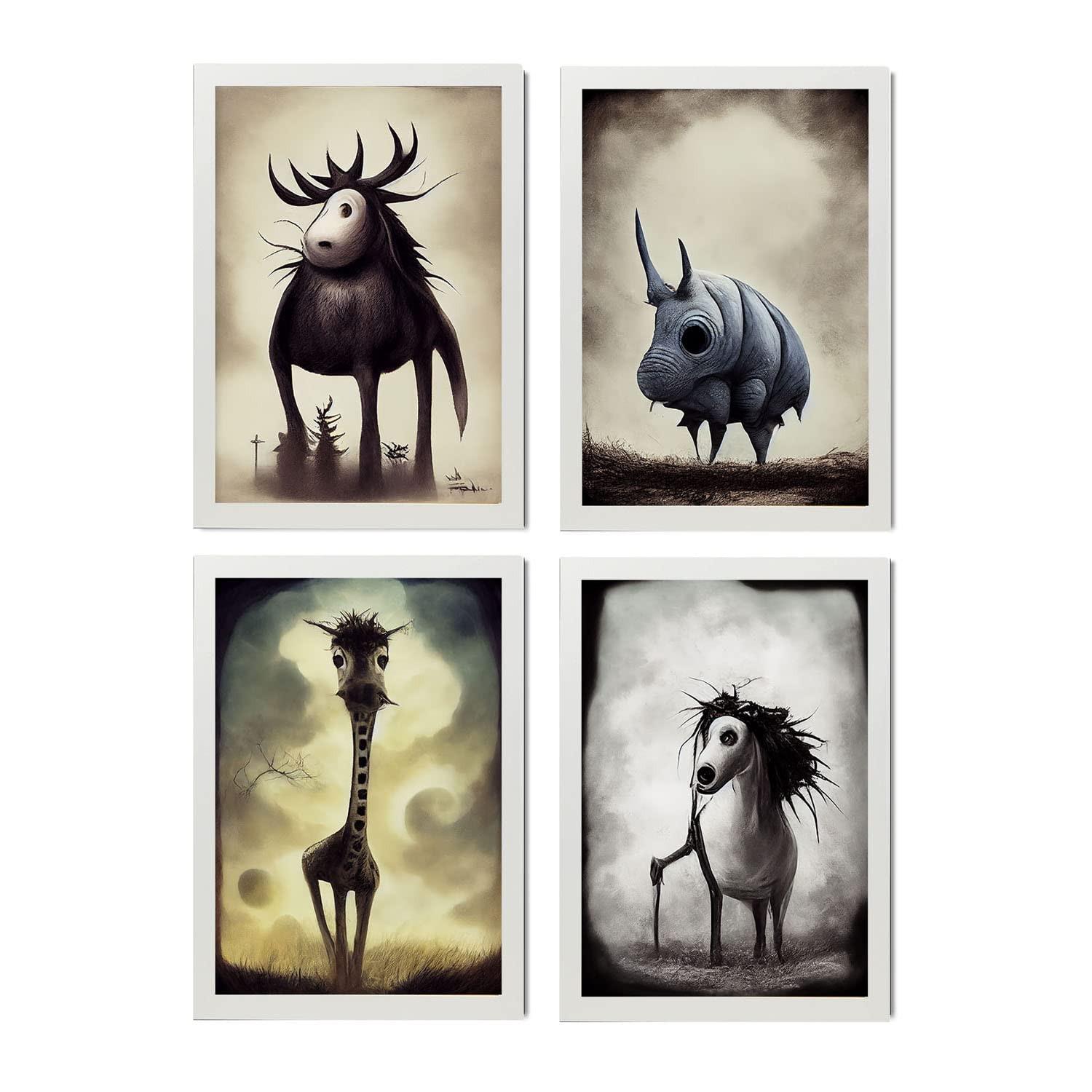 POSTER Set mit 4 Vierbeiner Tier im T Burton Goth Stil A4 Weißer Rahmen - Weiß, Papier (29.7/3cm) - Nacnic