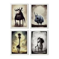 POSTER Set mit 4 Vierbeiner Tier im T Burton Goth Stil A4 Weißer Rahmen - Weiß, Papier (29.7/3cm) - Nacnic