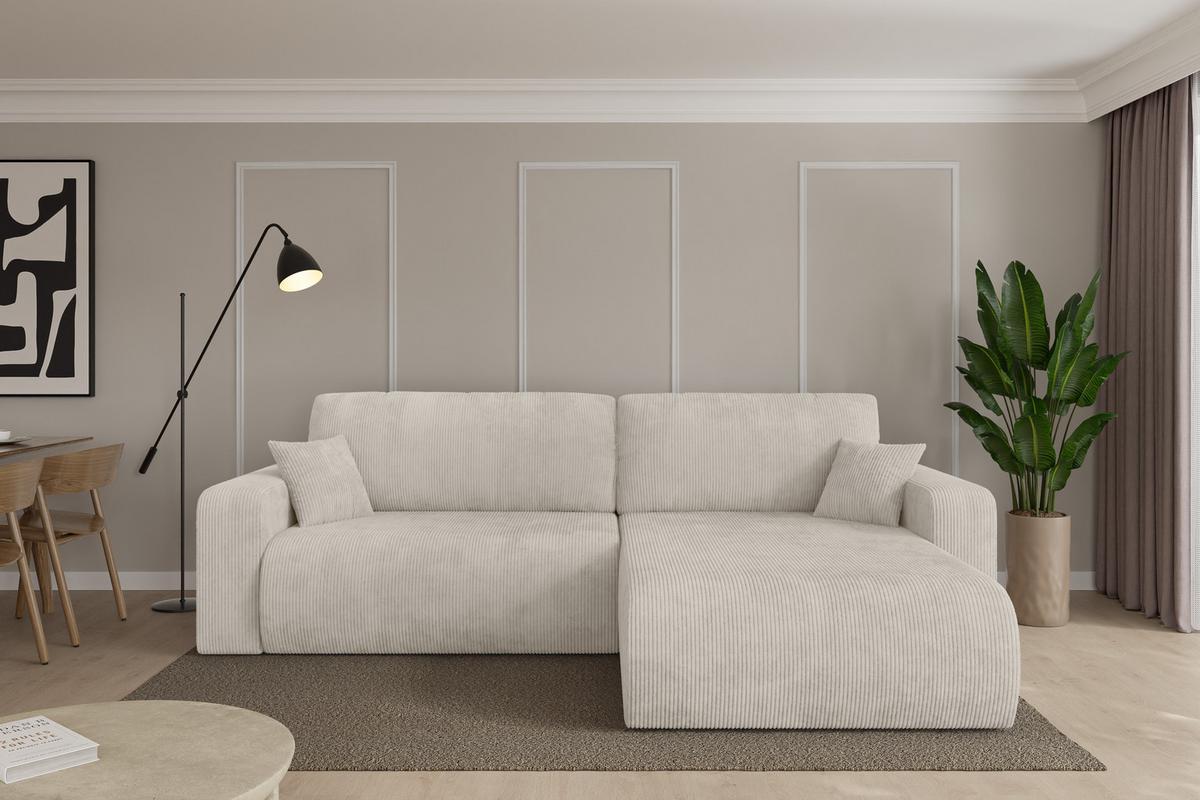 ECKSOFA mit Schlaffunktion Ottomane Rechts BERY-L 276x193x88 Creme Cord - Ecru/Creme, Holzwerkstoff/Kunststoff (276/193cm) - ALTDECOR