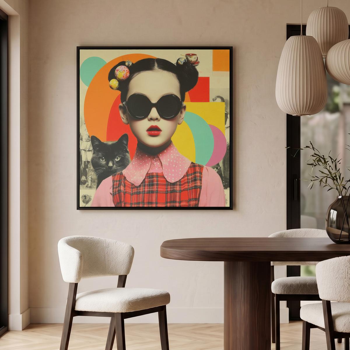 LEINWAND Bilder mit Rahmen - Mädchen - Sonnenbrille - Katze - Retro - 90x90 - Beige, Textil (90/90cm) - MuchoWow