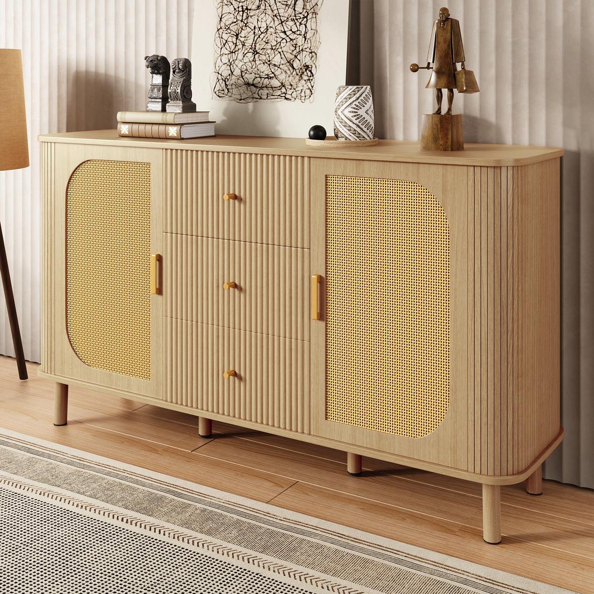 BUFFET in Naturholz- und Rattanoptik, Beige - Naturfarben, Holzwerkstoff (40/80/140cm) - Urban Meuble