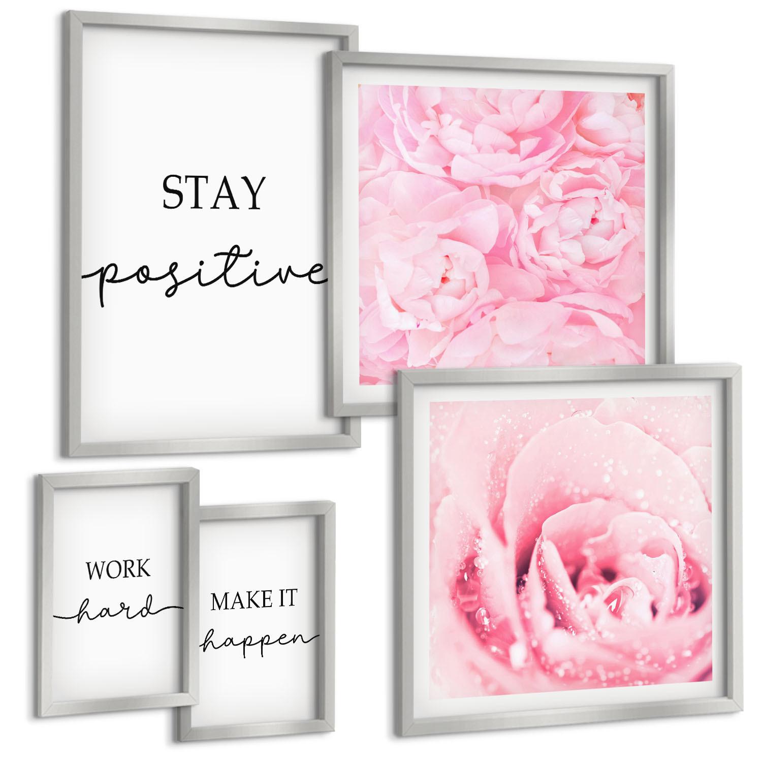 BILDER SET 5er Set - 50x50 cm & 20x30 cm & 40x60 cm Silberner Rahmen - Minimalistische rosa Blüten - Silberfarben, Kunststoff (40/60cm) - TULUP