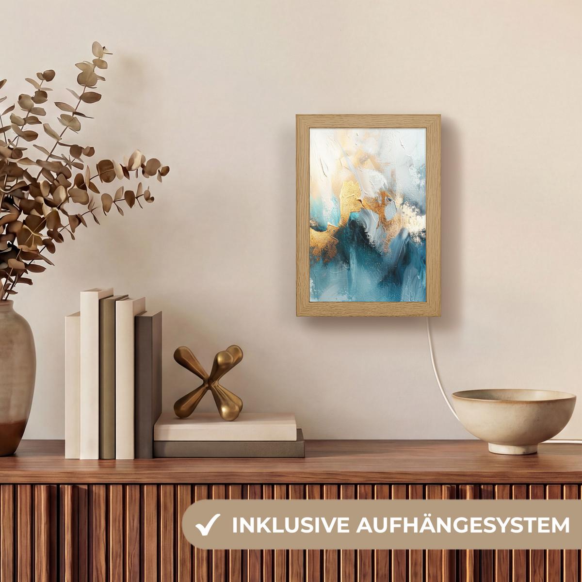 WANDLEUCHTE Abstrakt - Kunst - Gold - Blau 15x20 cm - Türkis, Holzwerkstoff (15/20/8cm) - OnlyWow
