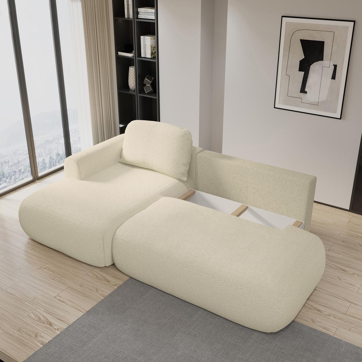 ECKSOFA NUVIRA L-S Creme Boucle-Stoff mit Schlaffunktion - Creme, Holz (279/158cm) - MASSENO