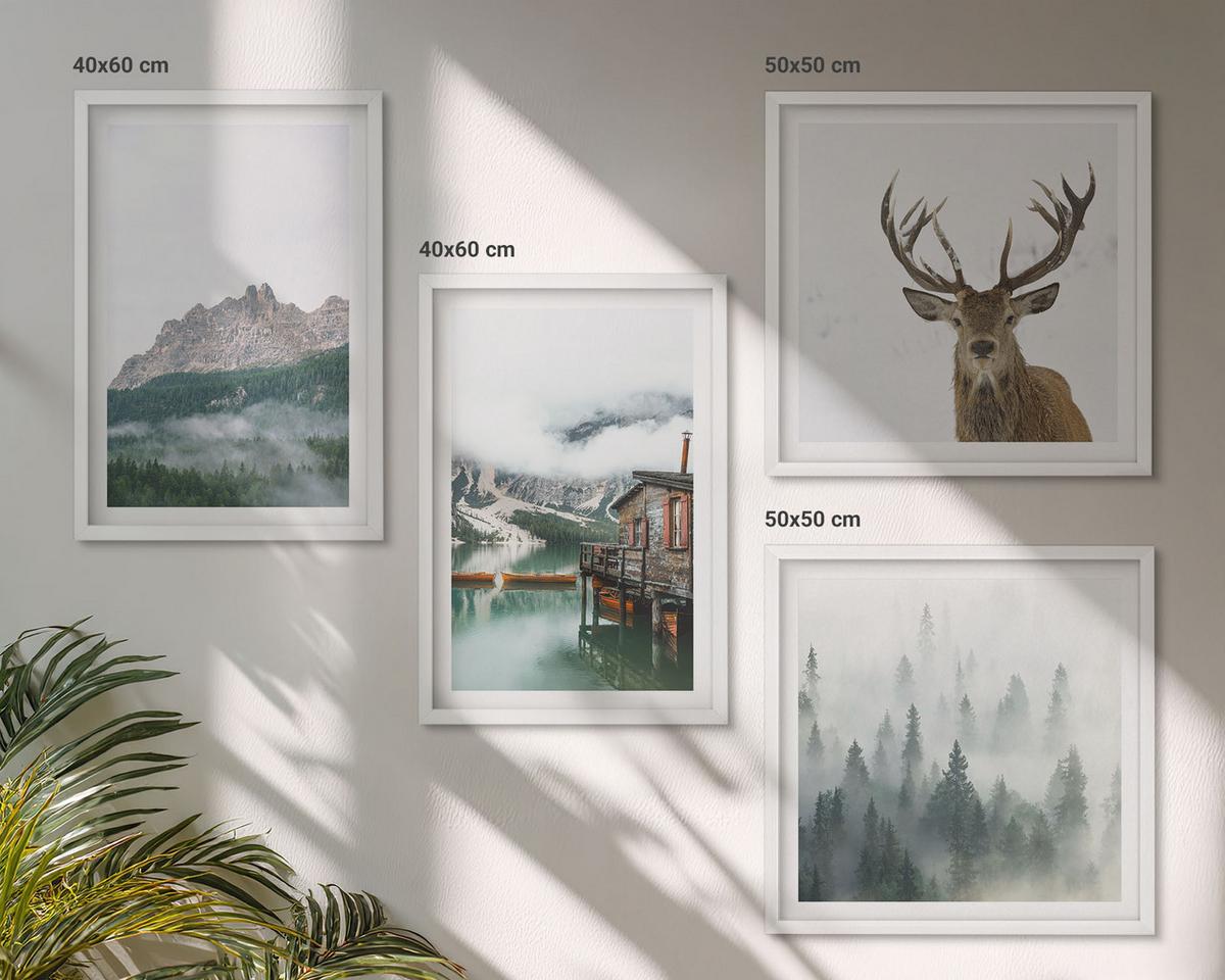 BILDER SET 4er Set - 50x50 cm & 40x60 cm Weißer Rahmen - Berge, See, Hirsche, Hütte, Nebel - Weiß, Kunststoff (50/50cm) - TULUP