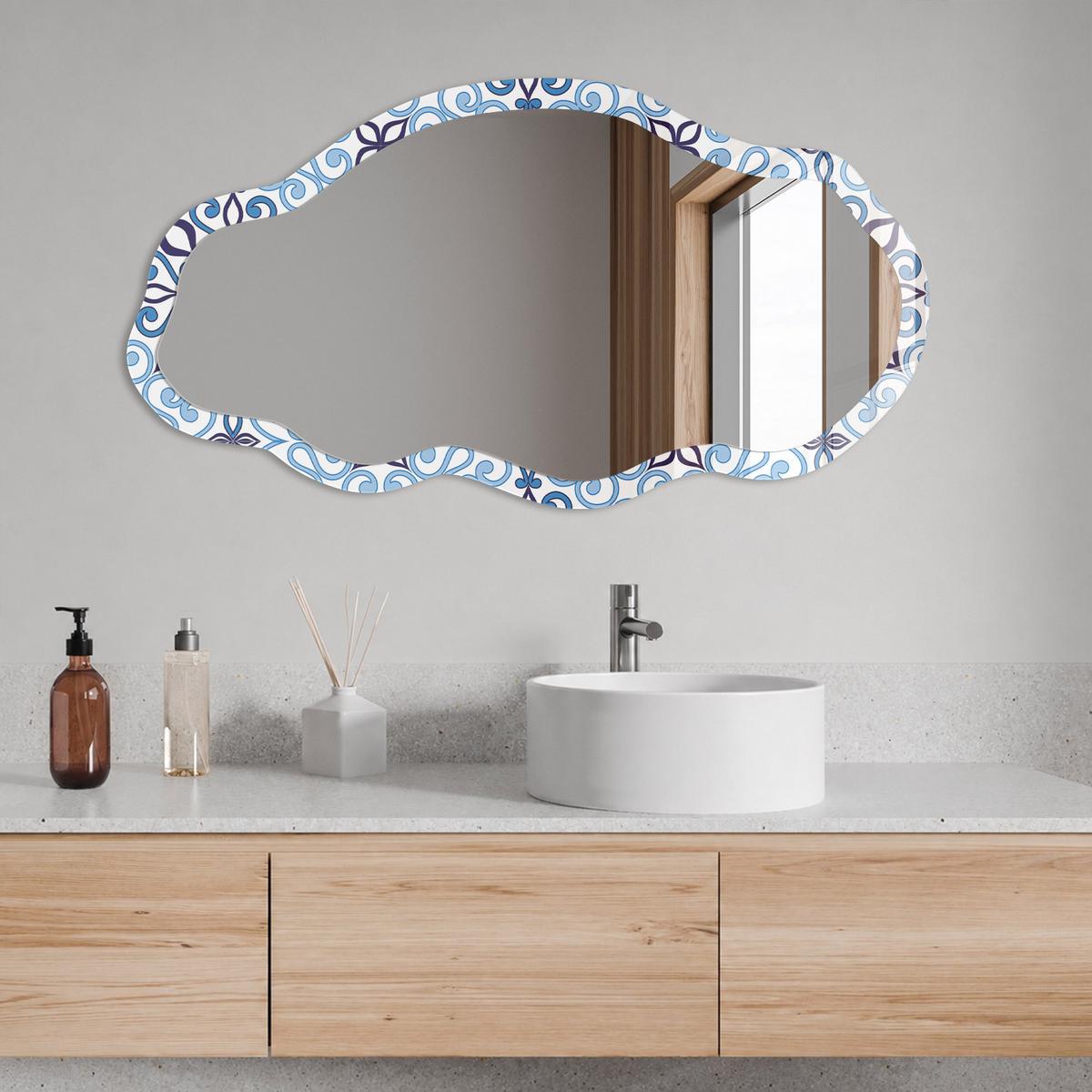 SPIEGEL 90x45 cm asymmetrisch mit Druck - Blauer Schmuck - Transparent, Glas (45/90/0.4cm) - TULUP
