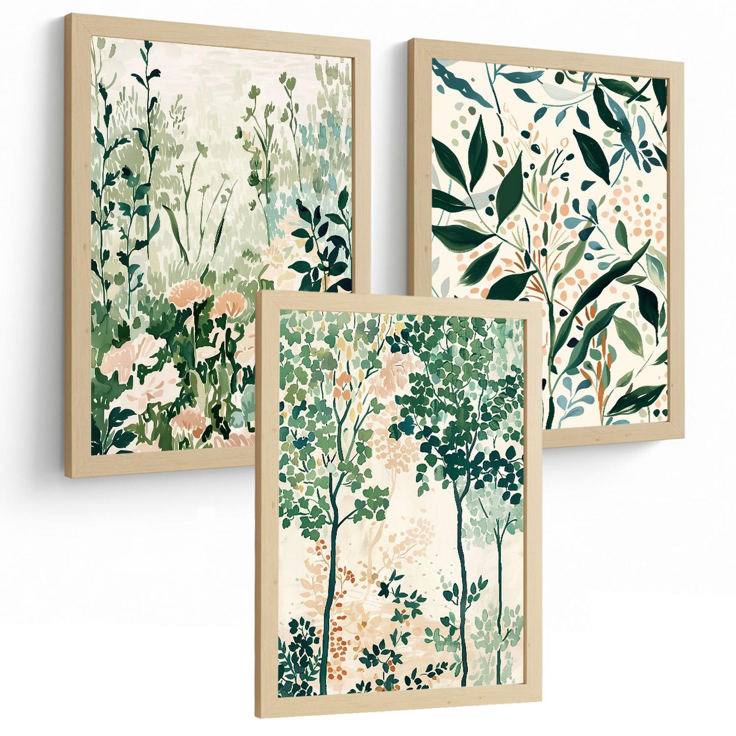 POSTER 3er-Set Wandbilder Floral Landschaft modern Wohnzimmer Deko, Schlafzimmer, Küche, Badezimmer Leichter Holzrahmen A4 - Beige, Papier (29.7/1/21cm) - Nacnic
