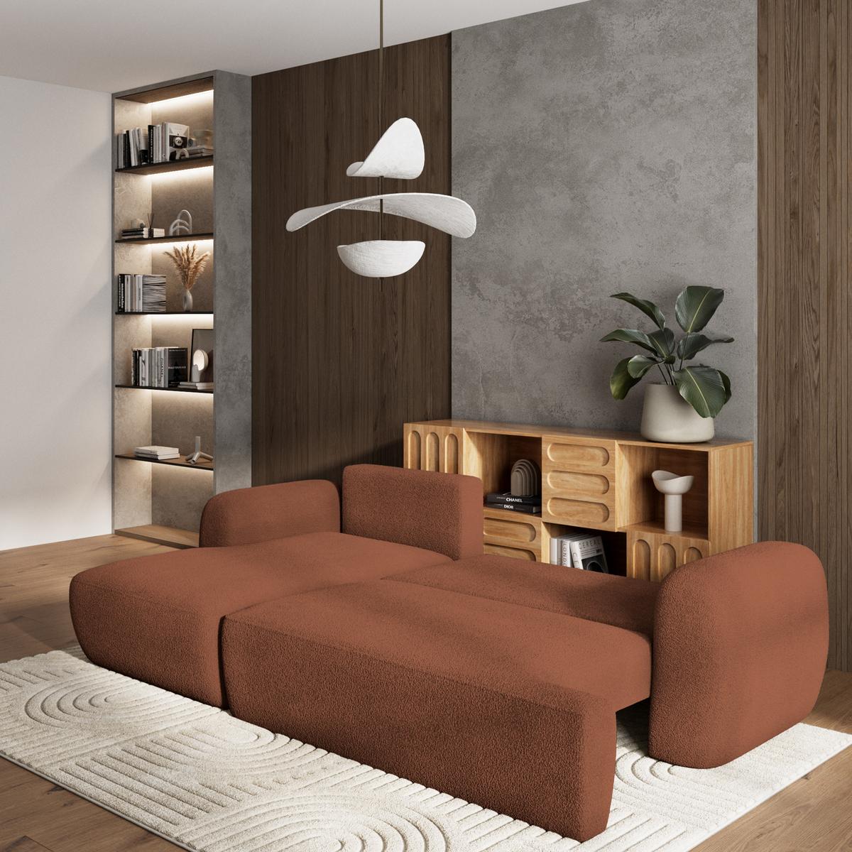 ECKSOFA MODENZA N L-S Orange Boucle-Stoff mit Schlaffunktion - Schwarz/Orange, Holz/Kunststoff (266/148cm) - MASSENO